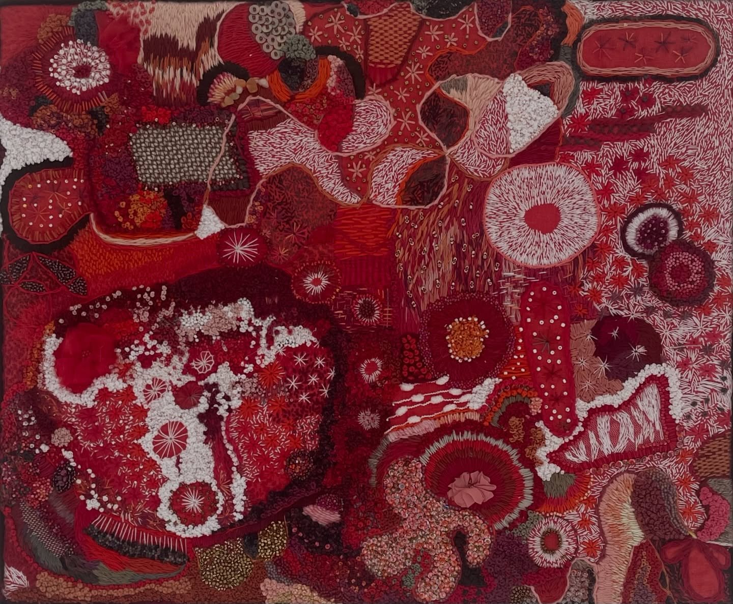 Looking back&hellip;..&rsquo;Red Genesis&rsquo; is a piece I completed in the first quarter of 2025. It sold at my exhibition with @dominiquesmallcombeart in March 2025 to a lovely young couple. 

#elizabethsullivanart 
#stitchartist 
#stitchedpainti