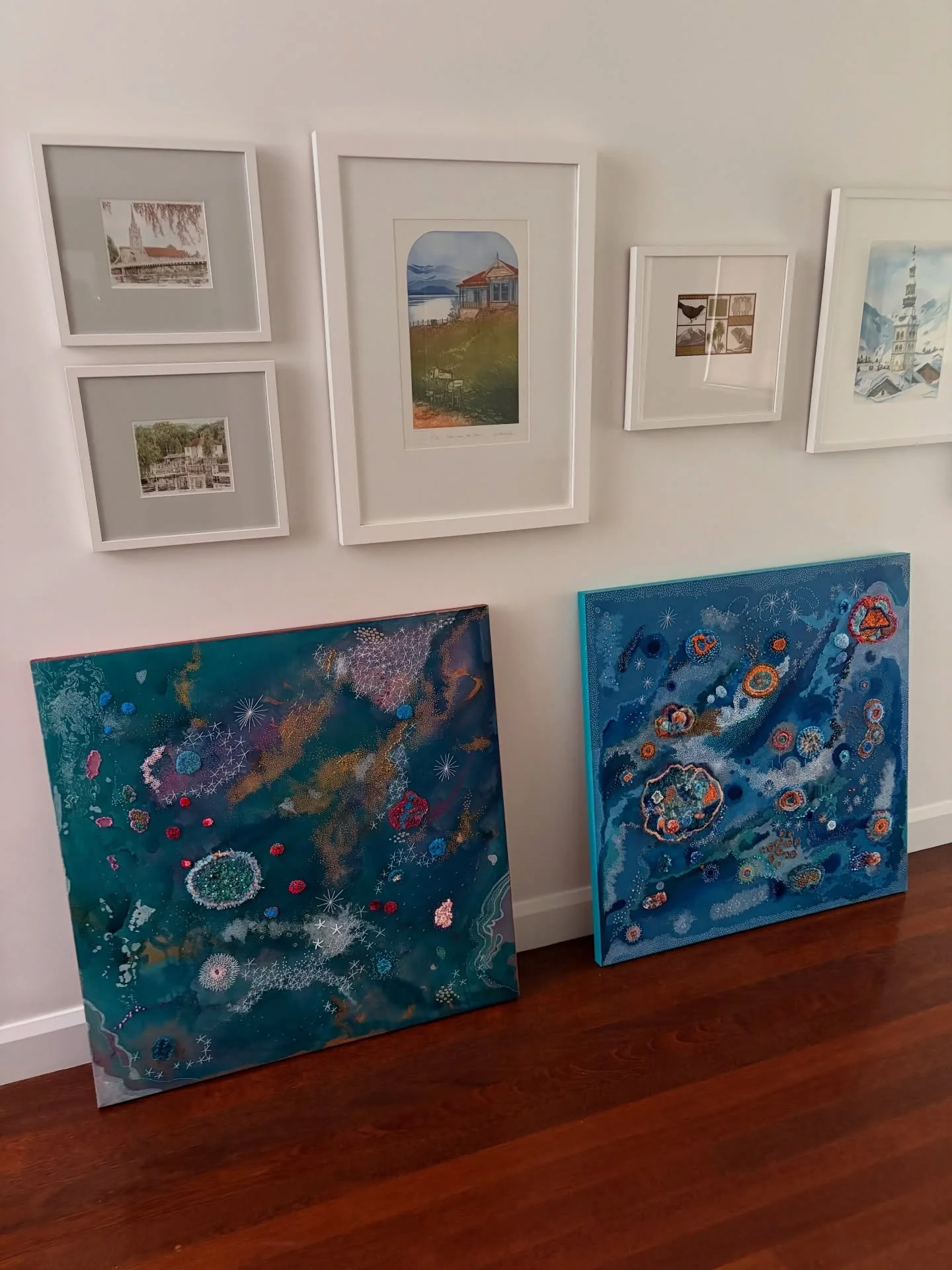 Waiting for collection, Coral Galaxy &amp; Island Archipelago. 

#elizabethsullivanart 
#agessociety 
#stitchart