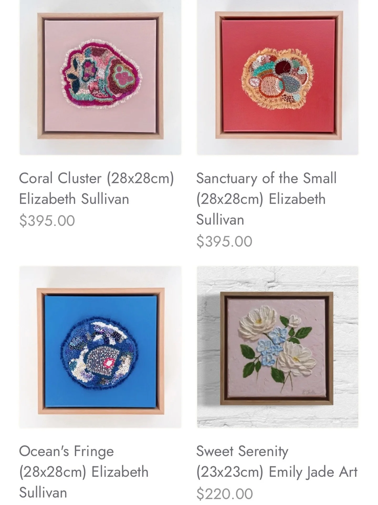 Delighted to have these 3 small Rockpool artworks @giftsatteacup. Unique small works, hand stitched and beaded on acrylic painted canvases. 

#elizabethsullivanart 
#giftsatteacup 
#stitchartwork