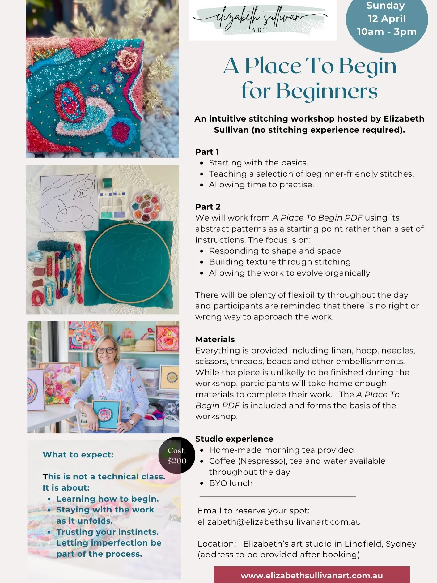 Are you curious about trying my intuitive led stitching but you don&rsquo;t have any stitching experience? 

A PLACE TO BEGIN - FOR BEGINNERS is a gentle, in-studio workshop designed for complete beginners. No experience required.

We&rsquo;ll start 