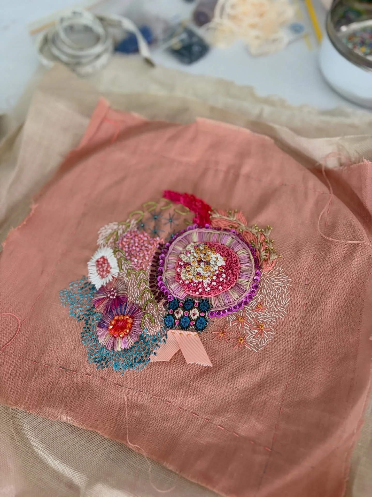 Another one in progress. Swipe to see my &ldquo;waste not want not&rdquo; container of beads and sequins. It&rsquo;s like a sweetie pick&rsquo;n&rsquo;mix! 

#elizabethsullivanart 
#intuitivestitching 
#stitchartist