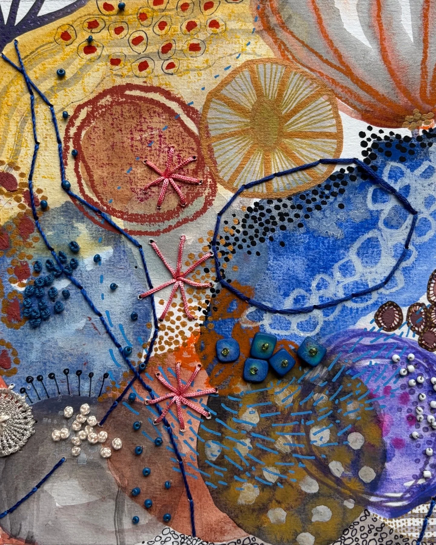 Another of my mixed media stitched paintings. How cool are those blue square beads! 

#mixedmediastitch 
#elizabethsullivanart 
#stitchartist