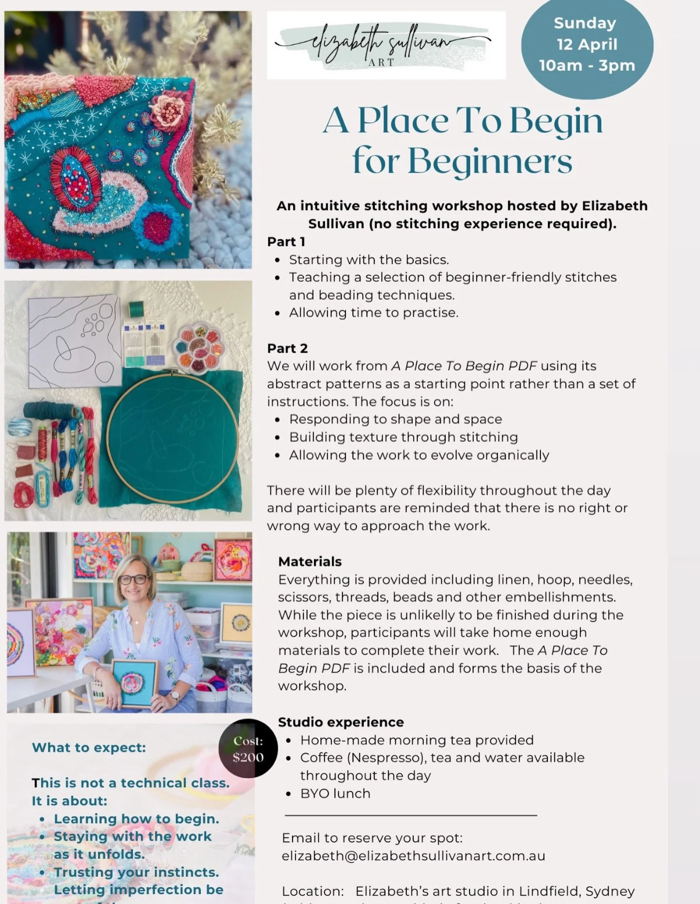 My first BEGINNER version of &lsquo;A Place To Begin&rsquo; Intuitive Stitching Workshop is Sunday 12 April at my home art studio in Lindfield, Sydney. 

If you love what I do but you&rsquo;re a beginner stitcher then this is for you. 

I have 5 plac