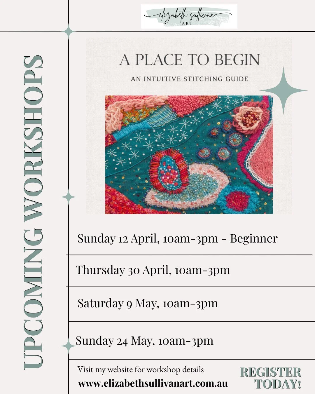 NEW dates for upcoming workshops!  Please visit my website (under WORKSHOPS tab) for all the details and information about the day.  To inquire or book, please either email me at elizabeth@elizabethsullivanart.com.au, or send me a DM with your email 