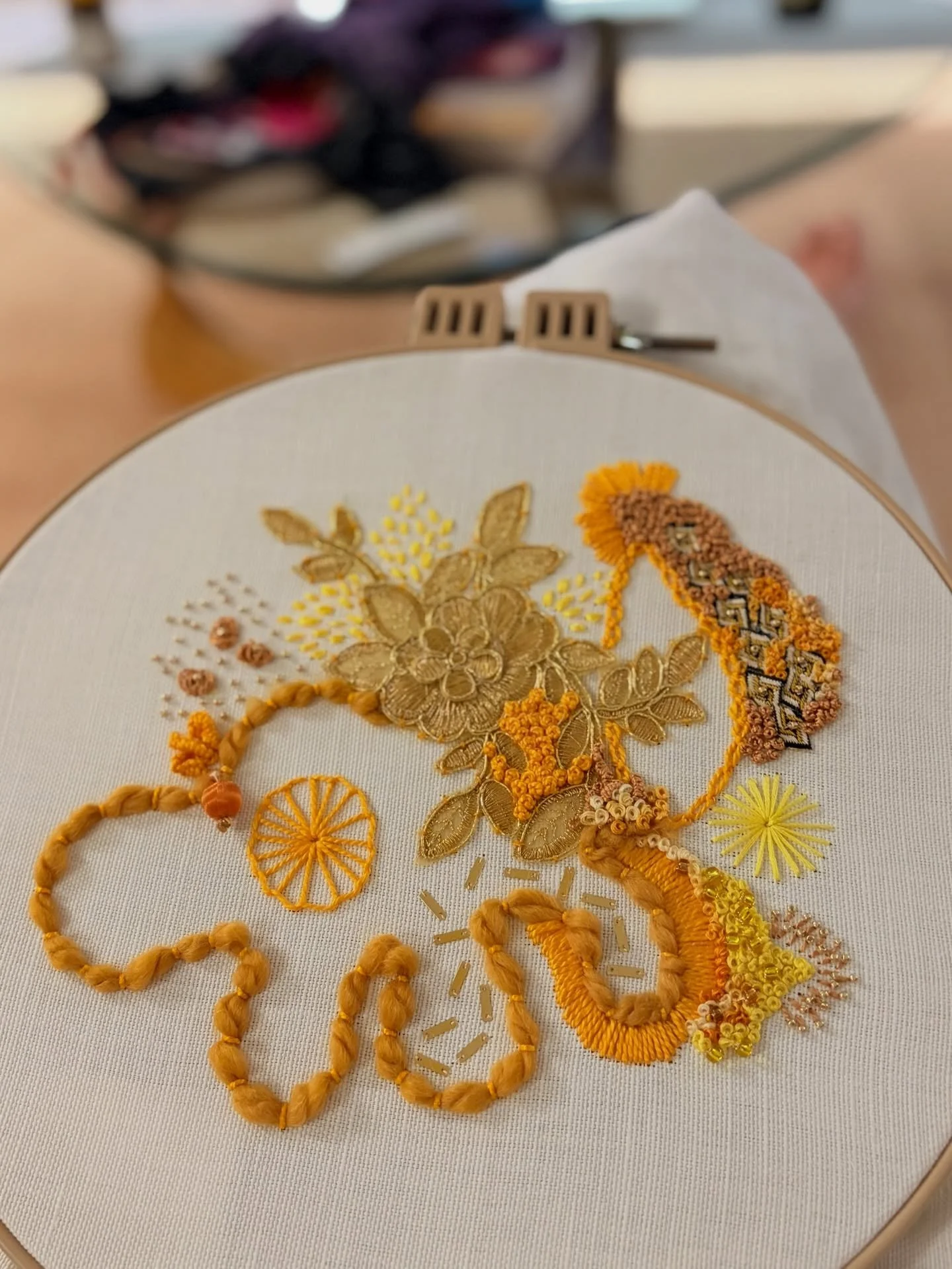 New piece underway! I can&rsquo;t explain it, I just felt compelled to start with yellow &amp; gold. This is about 3 hours in. I&rsquo;ve also been incorporating some different stitches to my usual favourites; cast-on stitch (also known as drizzle st