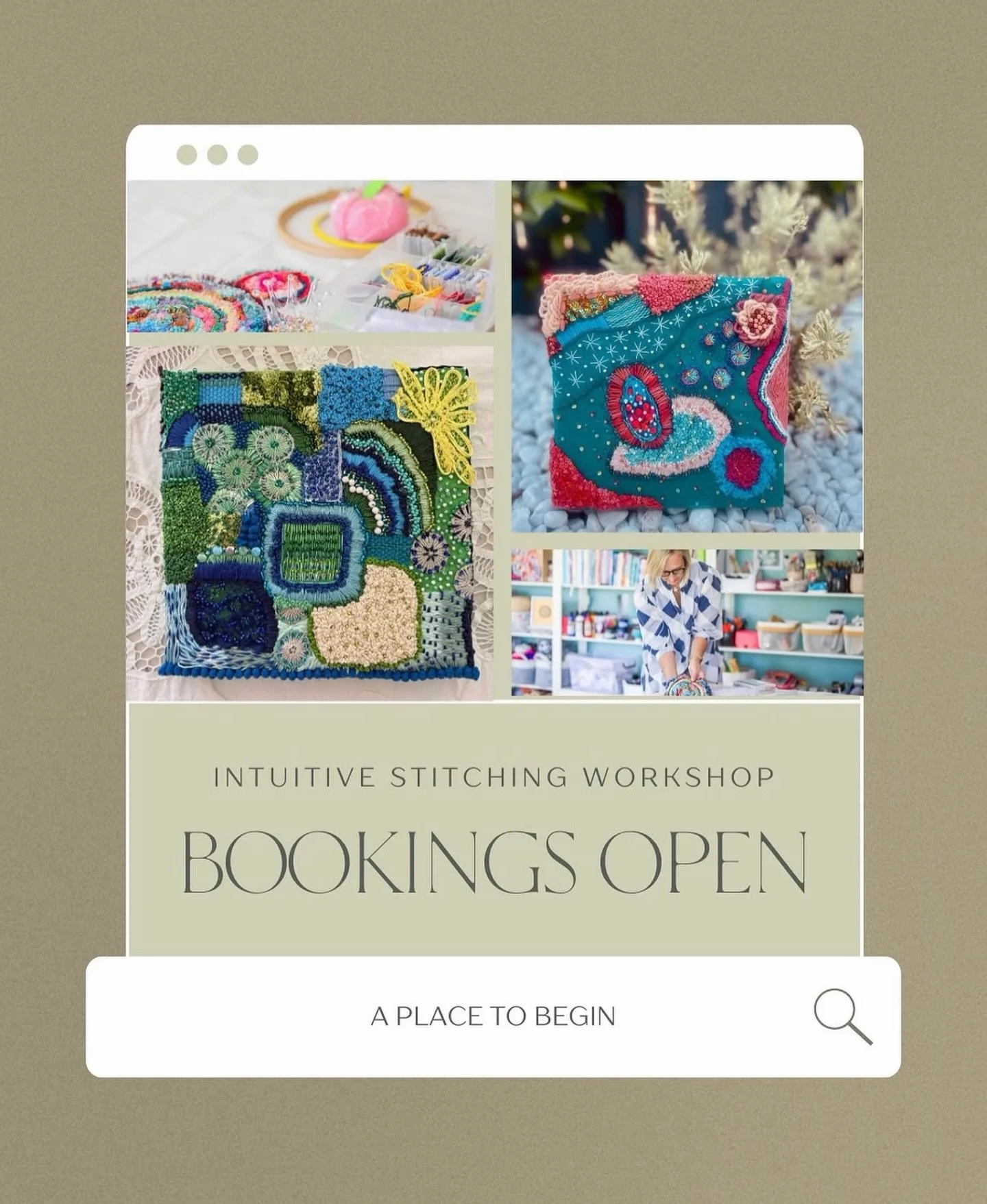 A PLACE TO BEGIN in-studio workshop, North Shore, Sydney. 

A gentle, supported space to explore freeform stitch, texture and mark-making, without rules, pressure, or a finished outcome in mind. 

Upcoming dates:

- Thursday 30 April 10am - 3pm
(FULL