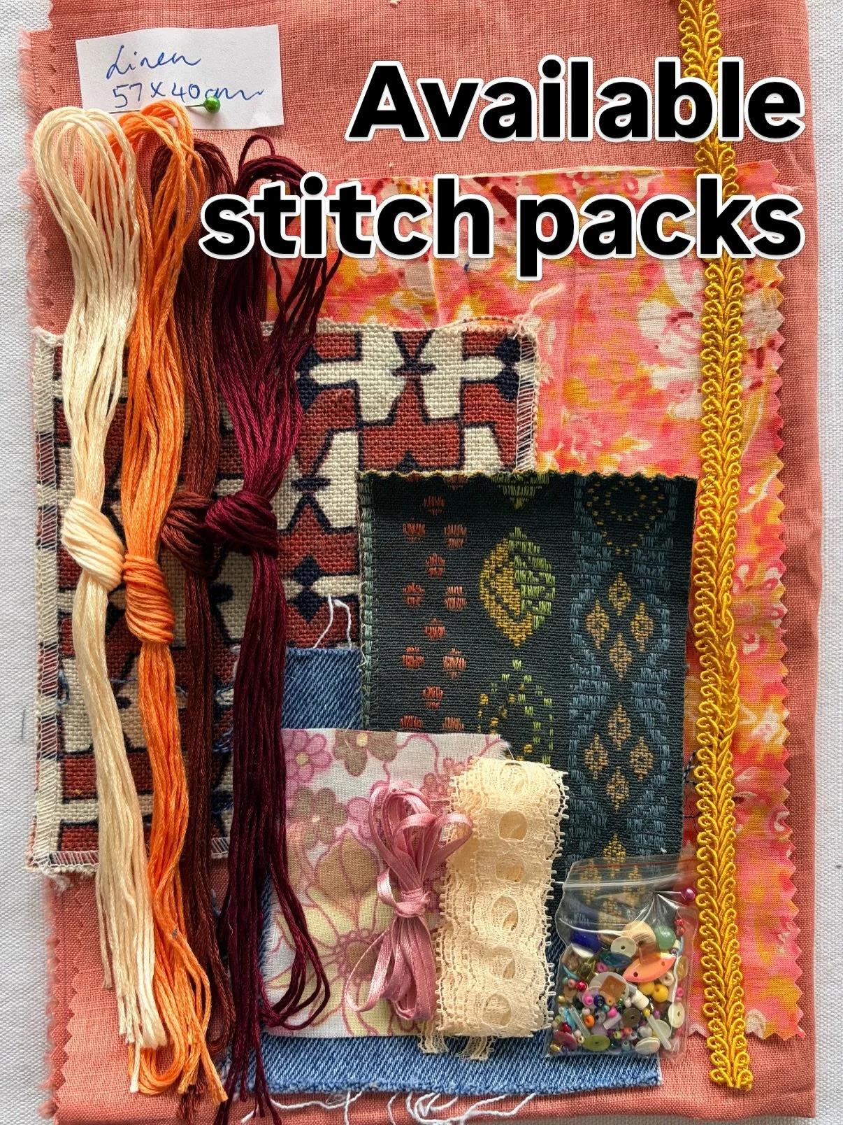 CURRENTLY AVAILABLE via my website shop.

These thoughtfully curated packs provide a varied selection of materials designed to support intuitive, freeform stitching. They encourage experimentation with texture, colour and layering, aligned with the o