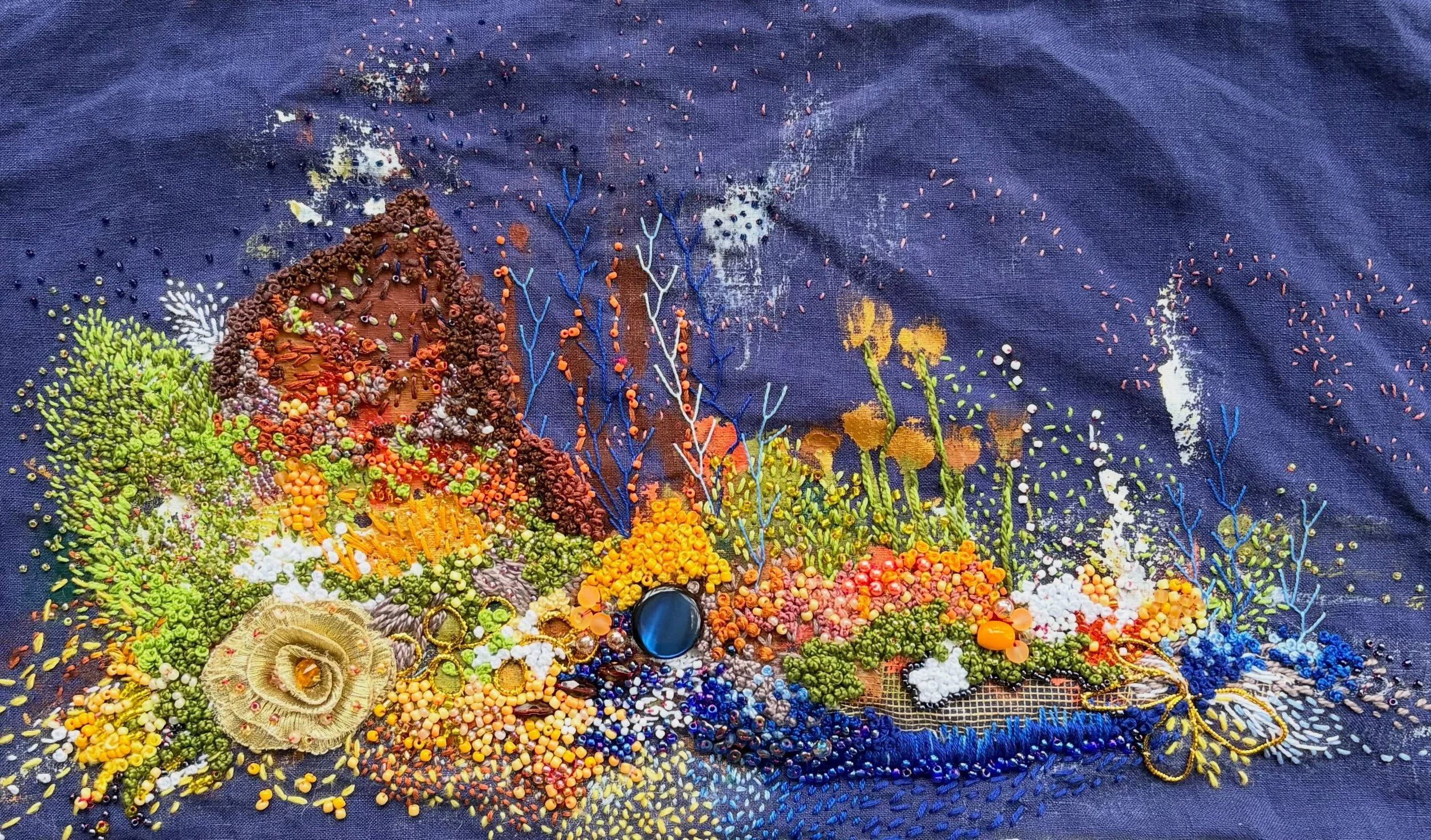 The blue piece I&rsquo;ve been working on over the past week is finished. This piece is very densely beaded, perhaps more than stitching. A lot of the painting has been stitched over but I&rsquo;ve tried to leave a few areas uncovered. I&rsquo;ll do 