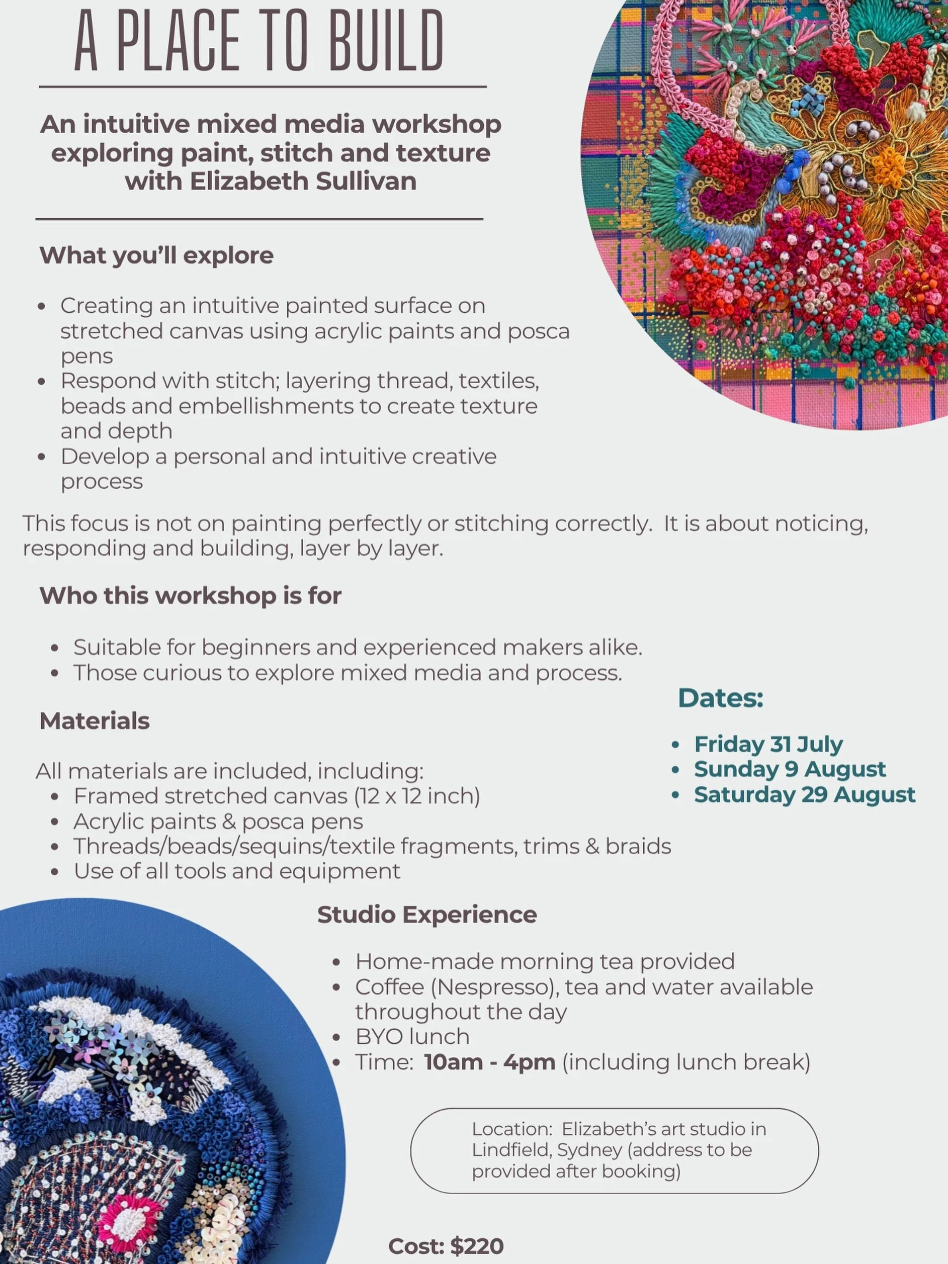 I&rsquo;m excited to share my next in-studio WORKSHOP!

A PLACE TO BUILD

An intuitive mixed media workshop exploring paint, stitch and texture.

🔰This workshop begins differently.

🎨We start with a stretched canvas and paint. Not with the intentio