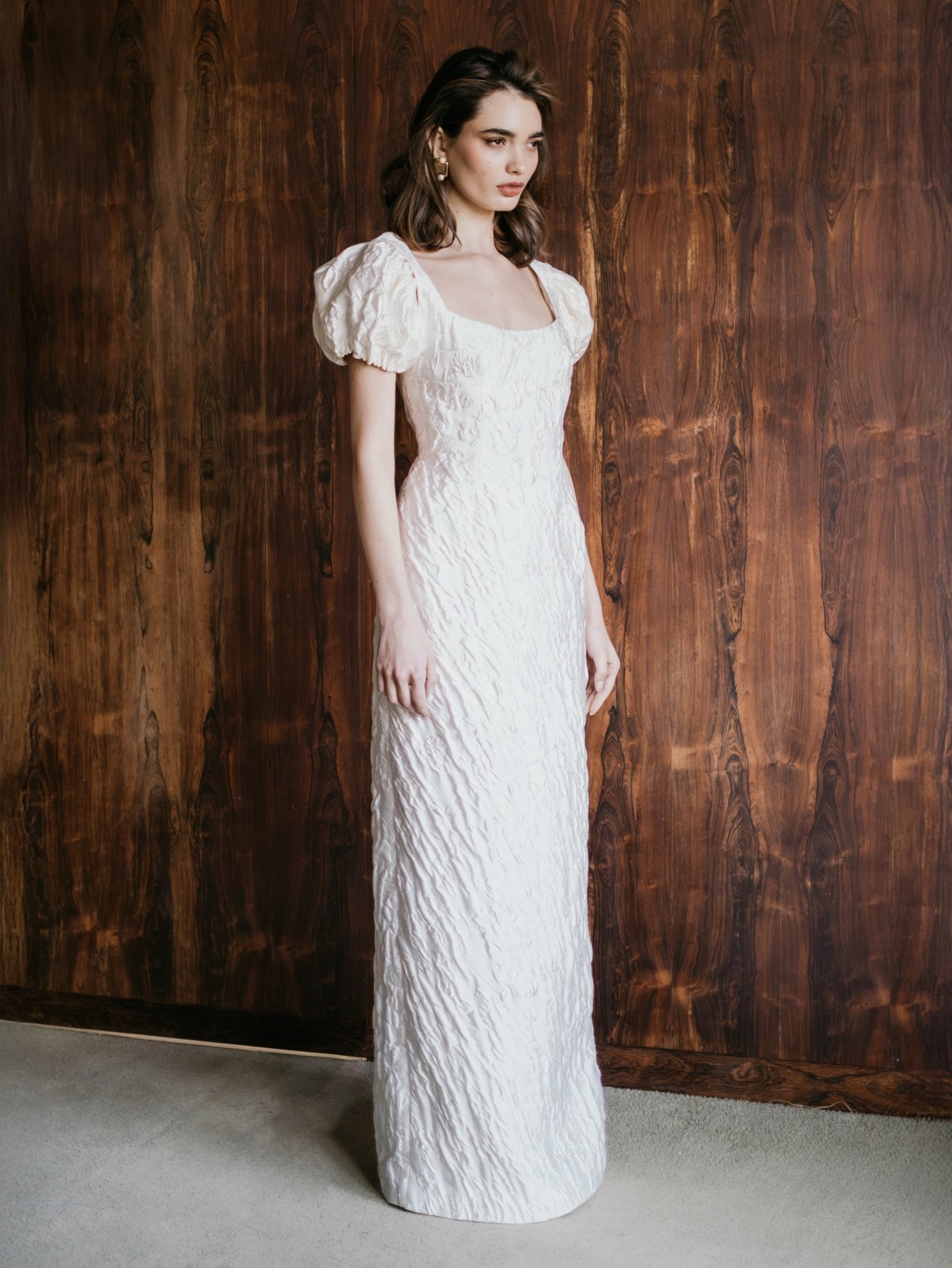 MARGOT&hellip; the contemporary column gown for the fashion forward bride. A modern bridal silhouette with sculptural puff sleeves crafted from a luxurious textural satin jacquard. A wedding dress that can take you seamlessly from day to dancing. 

#