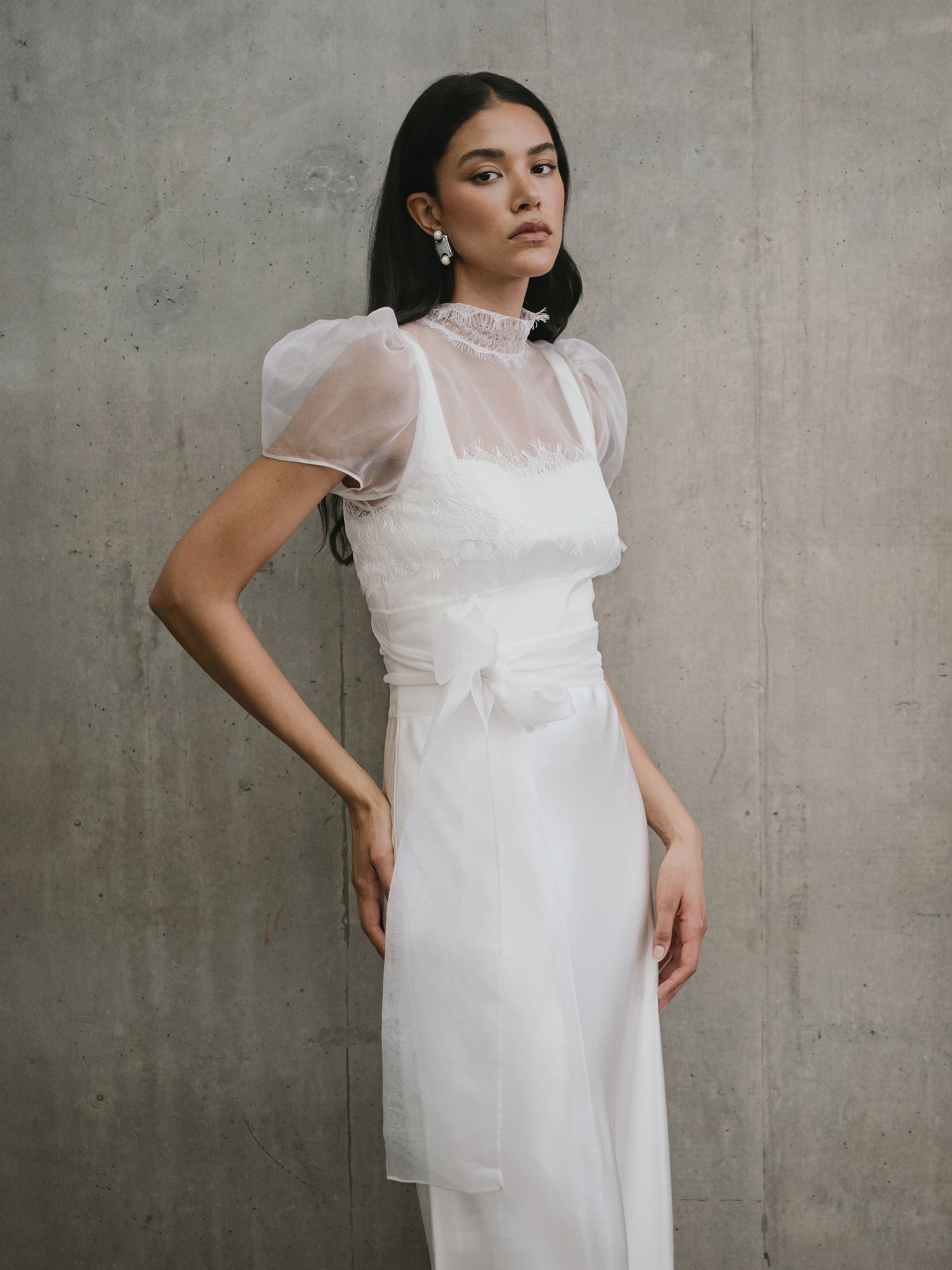 Organza bridal top and bias silk satin wedding dress