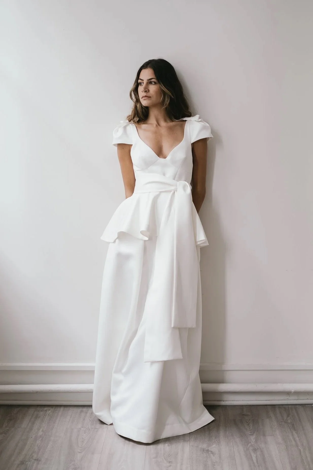 CAP SLEEVE WEDDING DRESS WITH PEPLUM