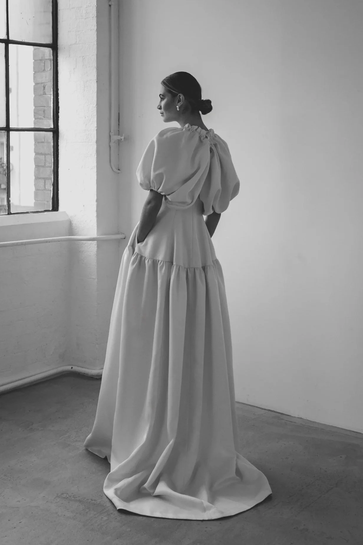 Heavy satin high neck wedding dress with puff sleeves