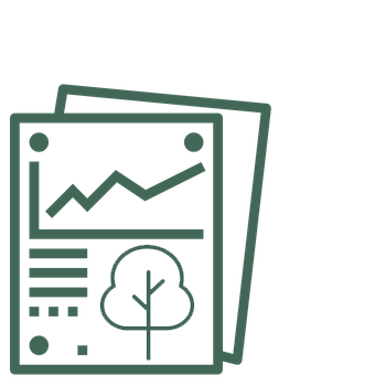 Stack of financial or business report papers with a chart and a tree icon