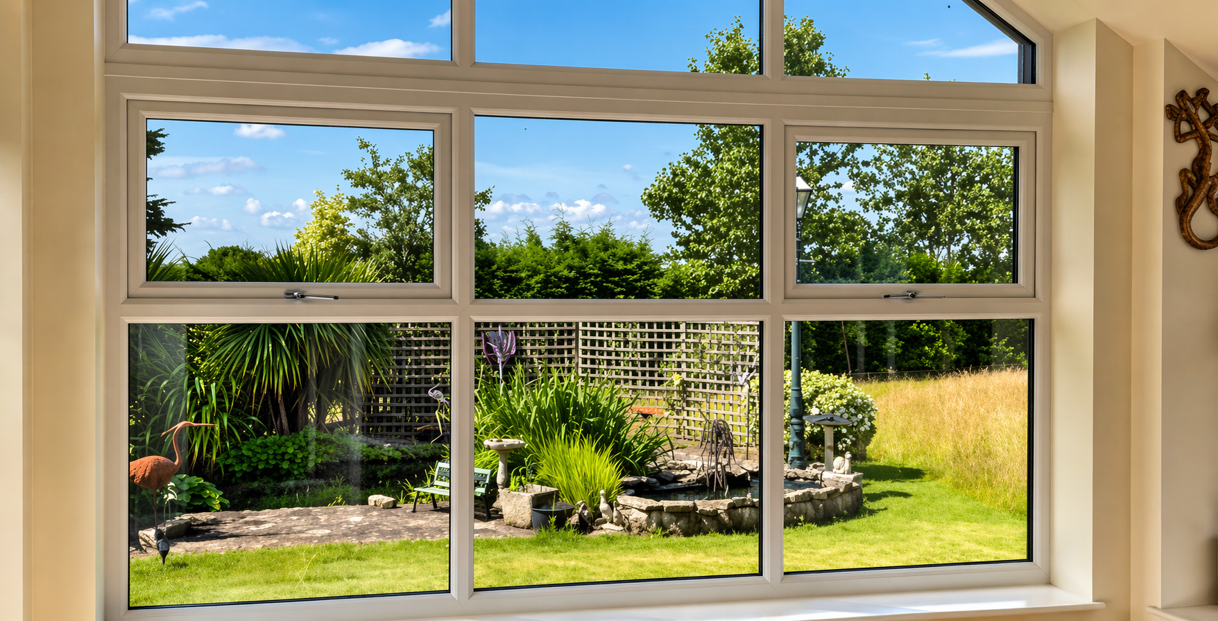 View of a lush garden with various green plants and trees, a stone birdbath, and a small statue, seen through a large multi-pane window from inside a house.