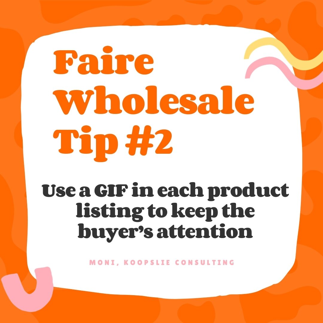 Want to grow your sales on Faire? Here's a quick tip for you.⁣
Add a GIF to each of your product listings. A GIF shows up right after your main image and because there's movement, it keeps the buyer's attention on your listing instead of them getting