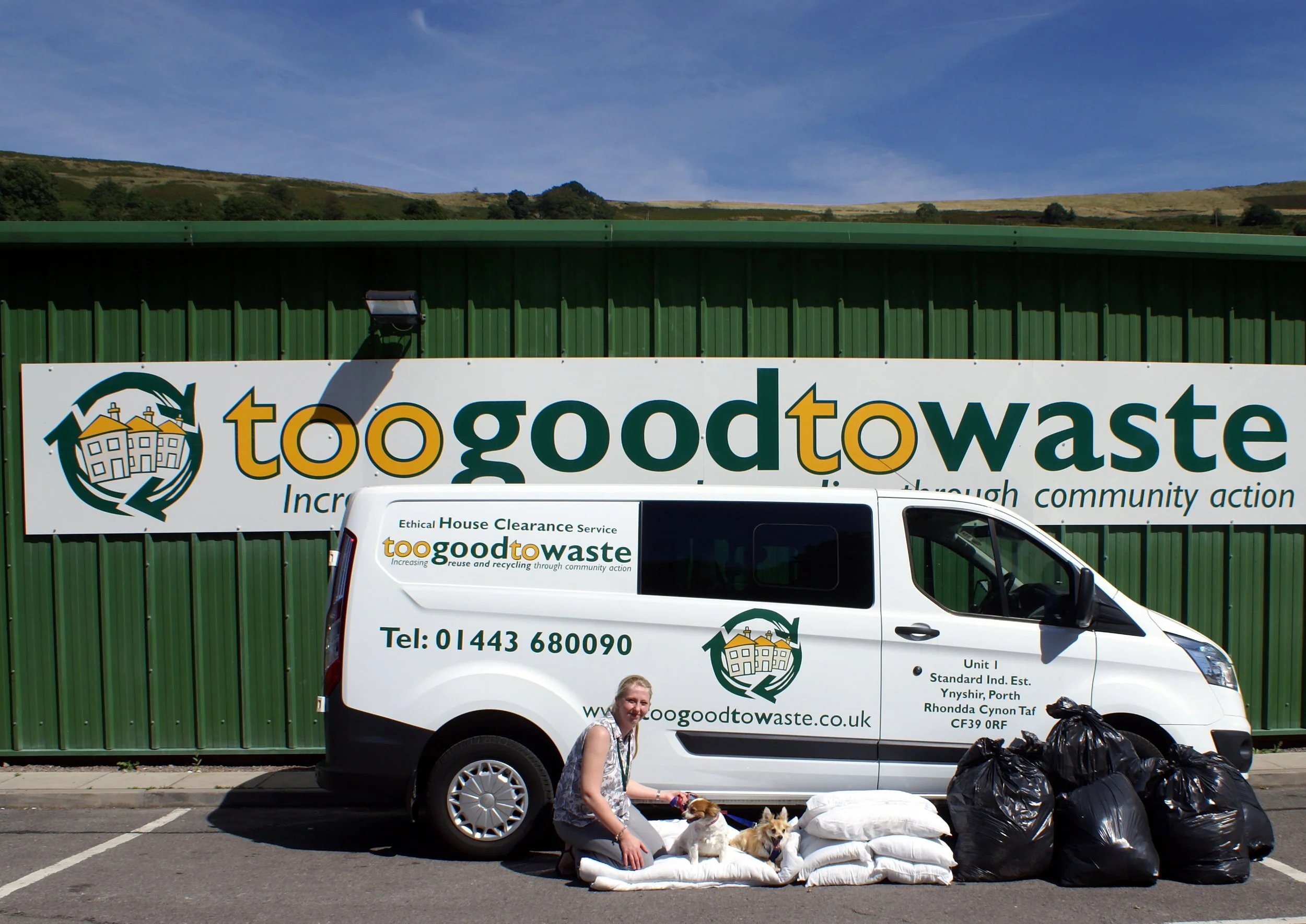 Katie Blake with Rosie &amp;&nbsp;Vince the Prince outside toogoodtowaste in Ynyshir