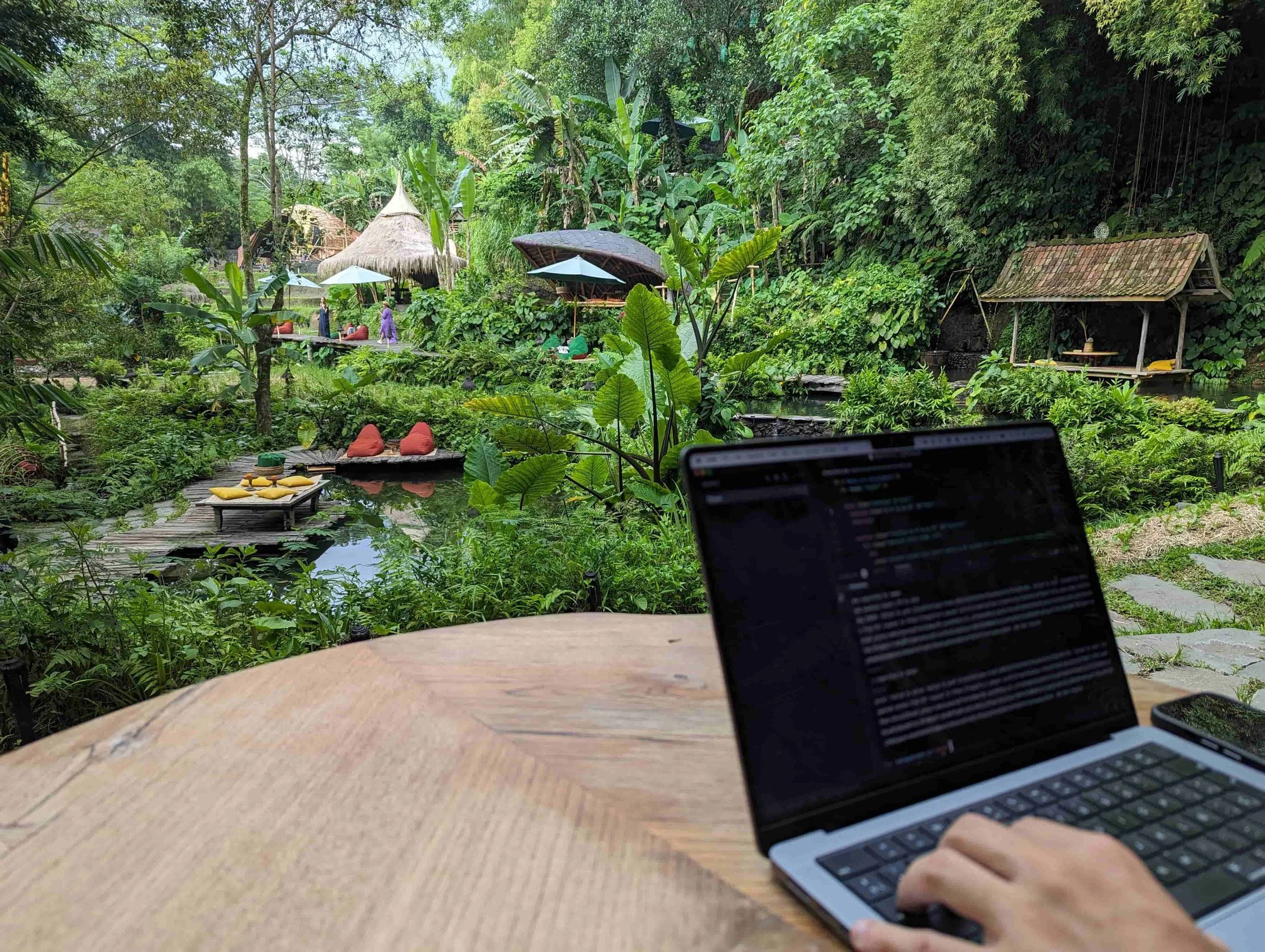 a laptop with a lush tropical background