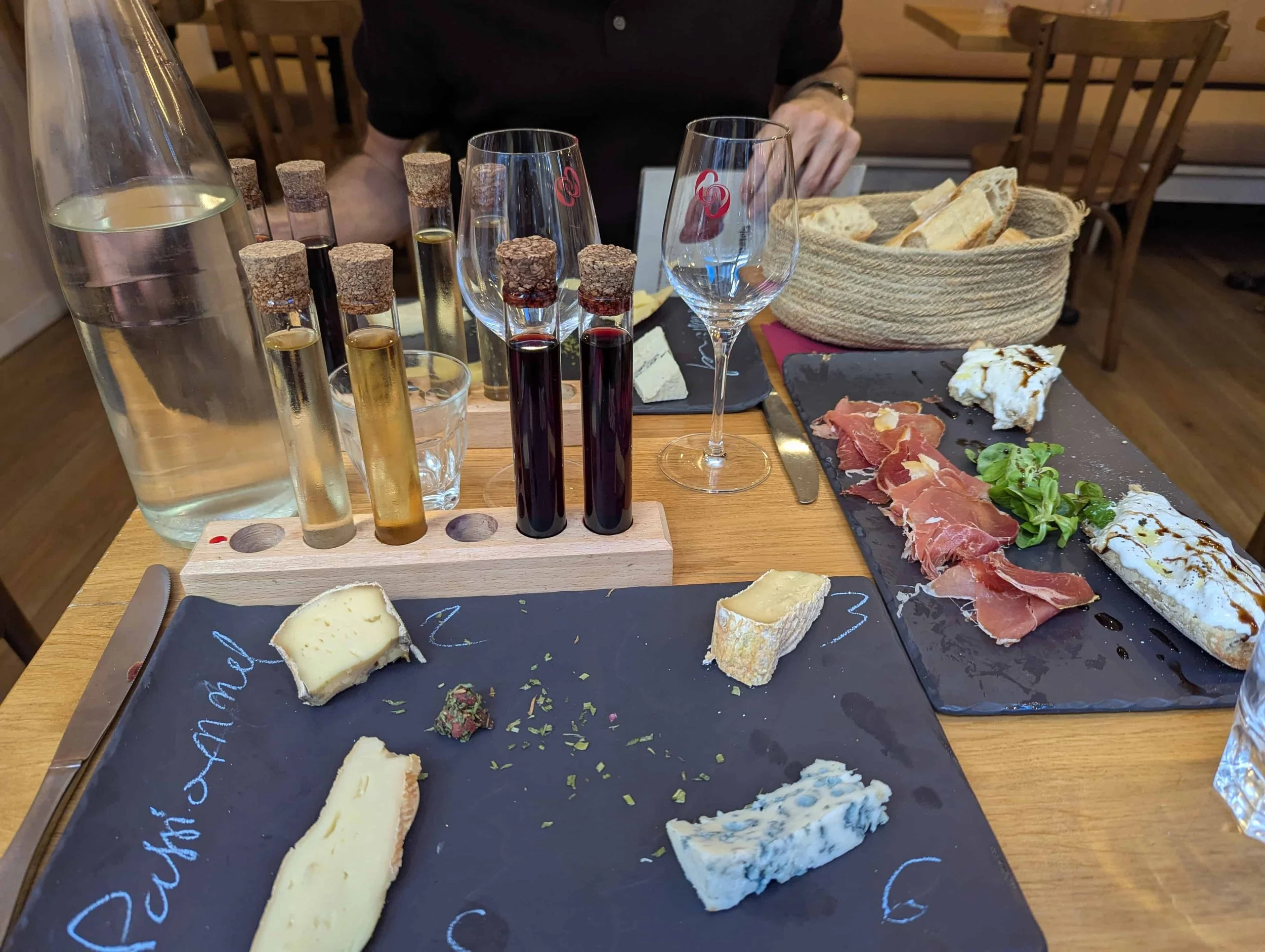 Wine and cheese tasting with bread and ham