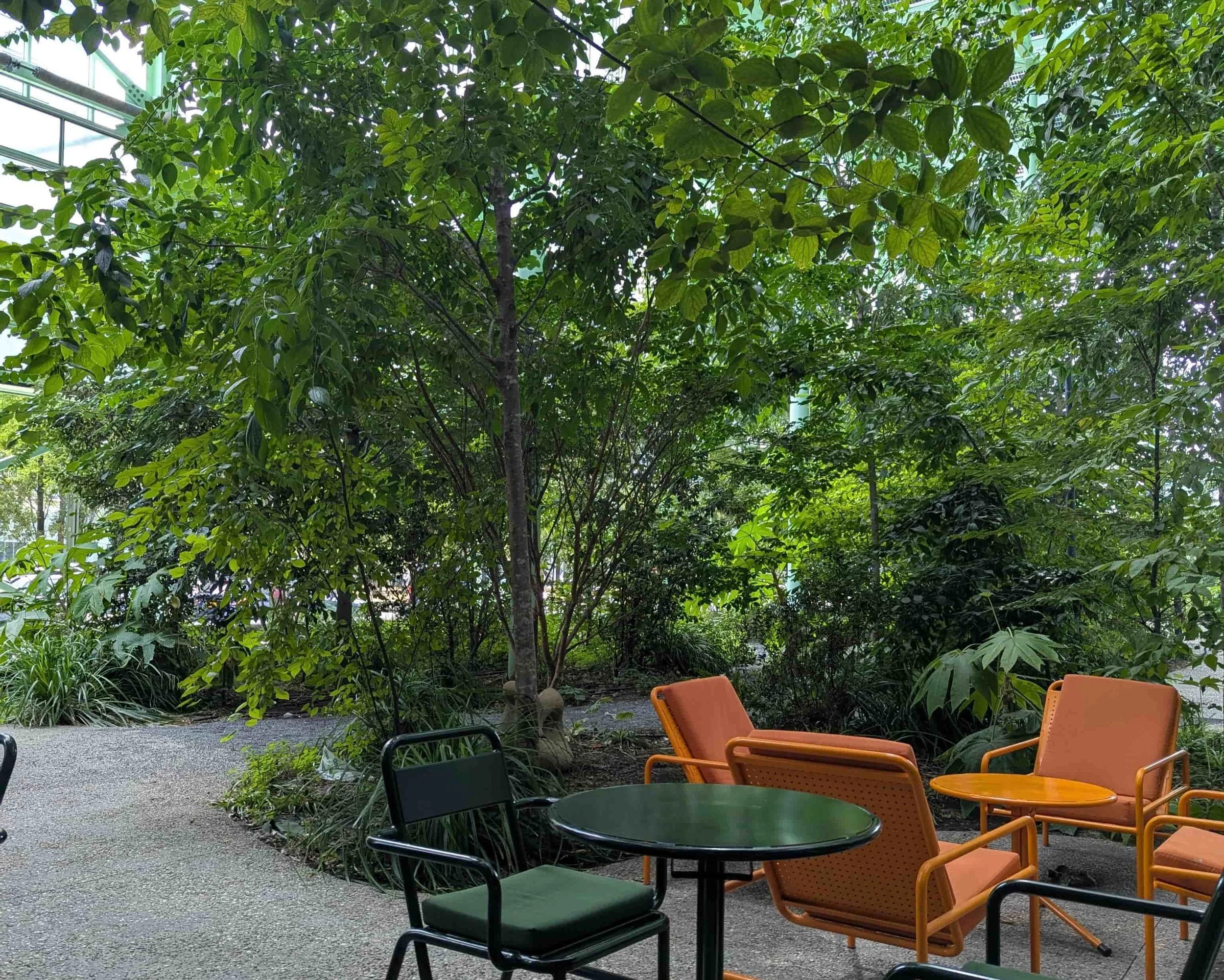 A patio and garden with tables and chairs