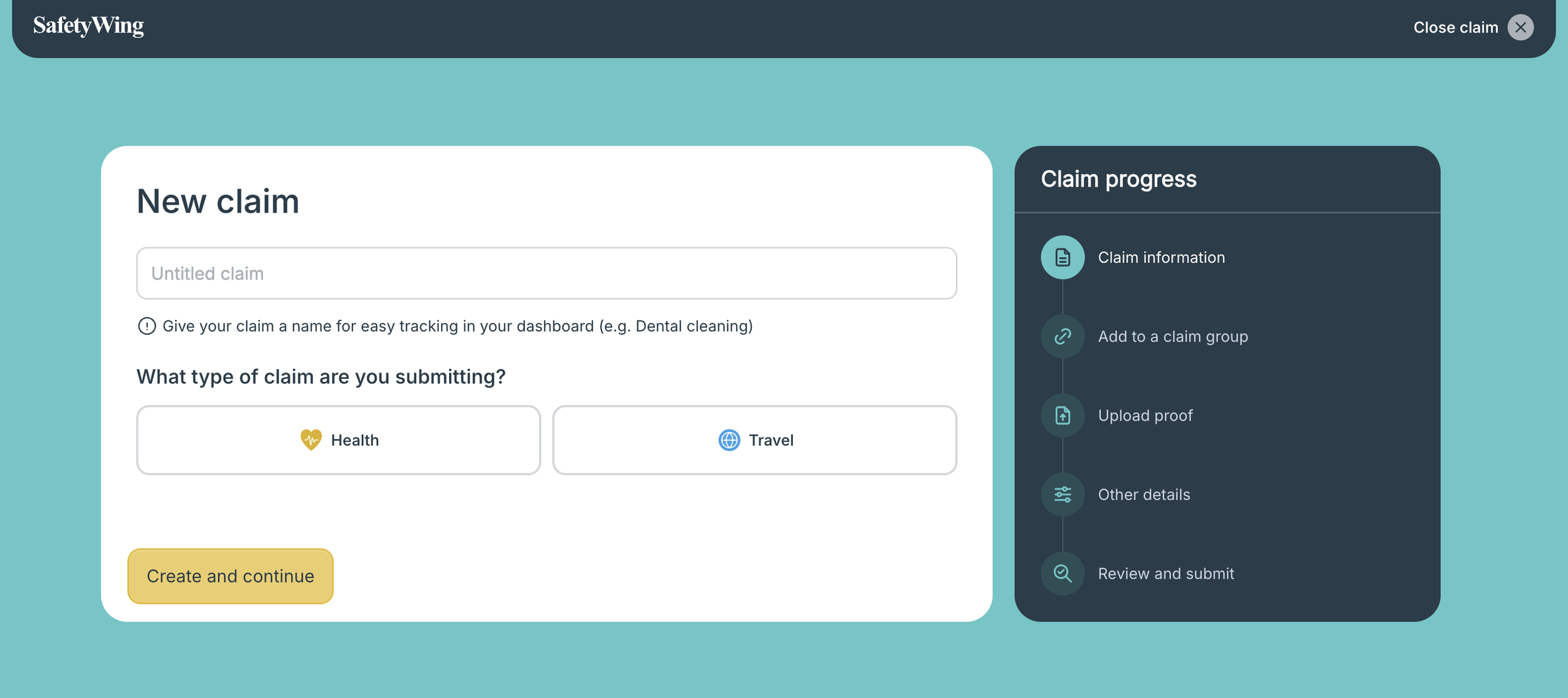 Screenshot of the claims portal of Safetywing