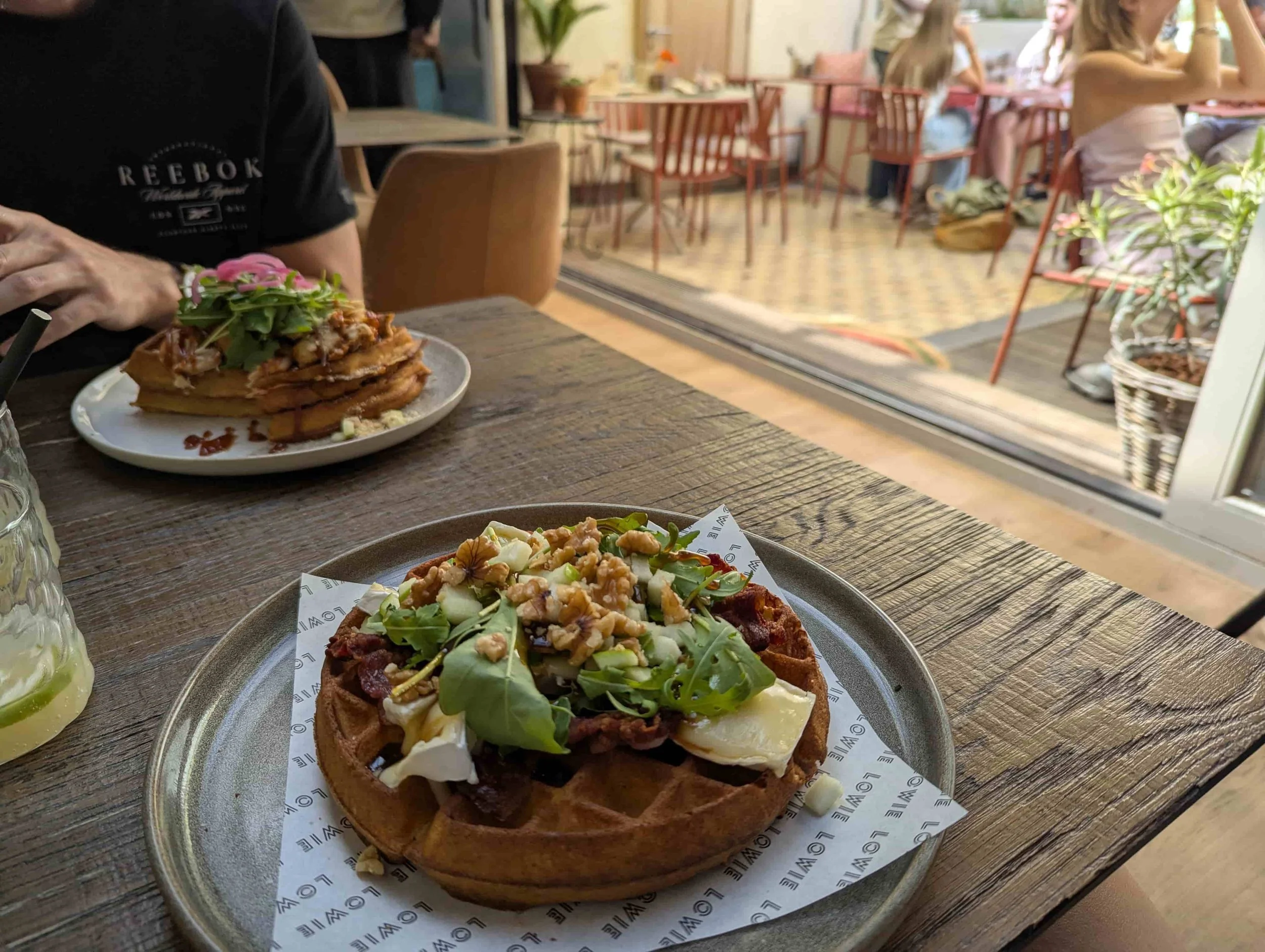 Waffles with Brie, walnuts and greens