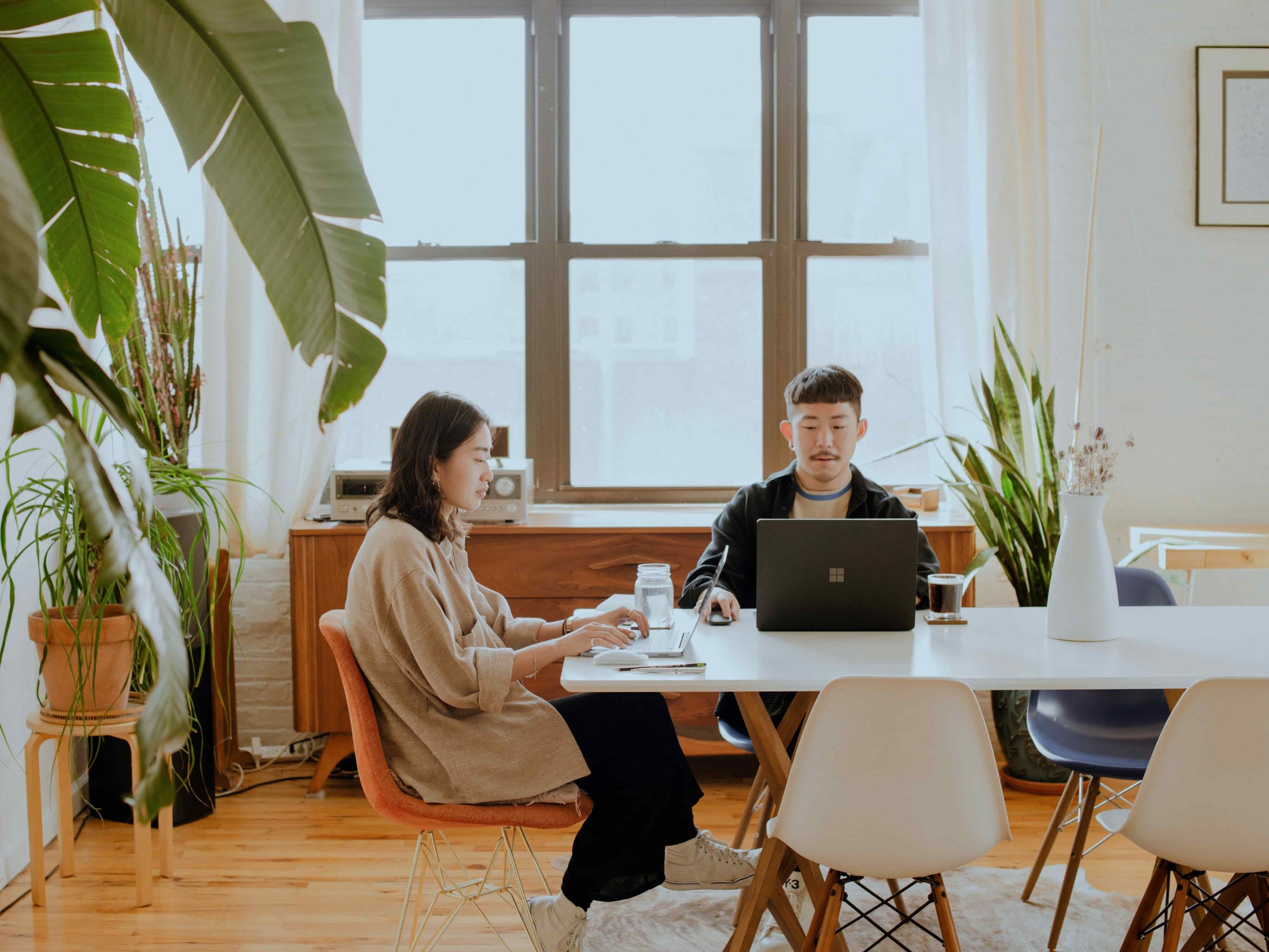 Two people working on laptops at a table surrounded by plants