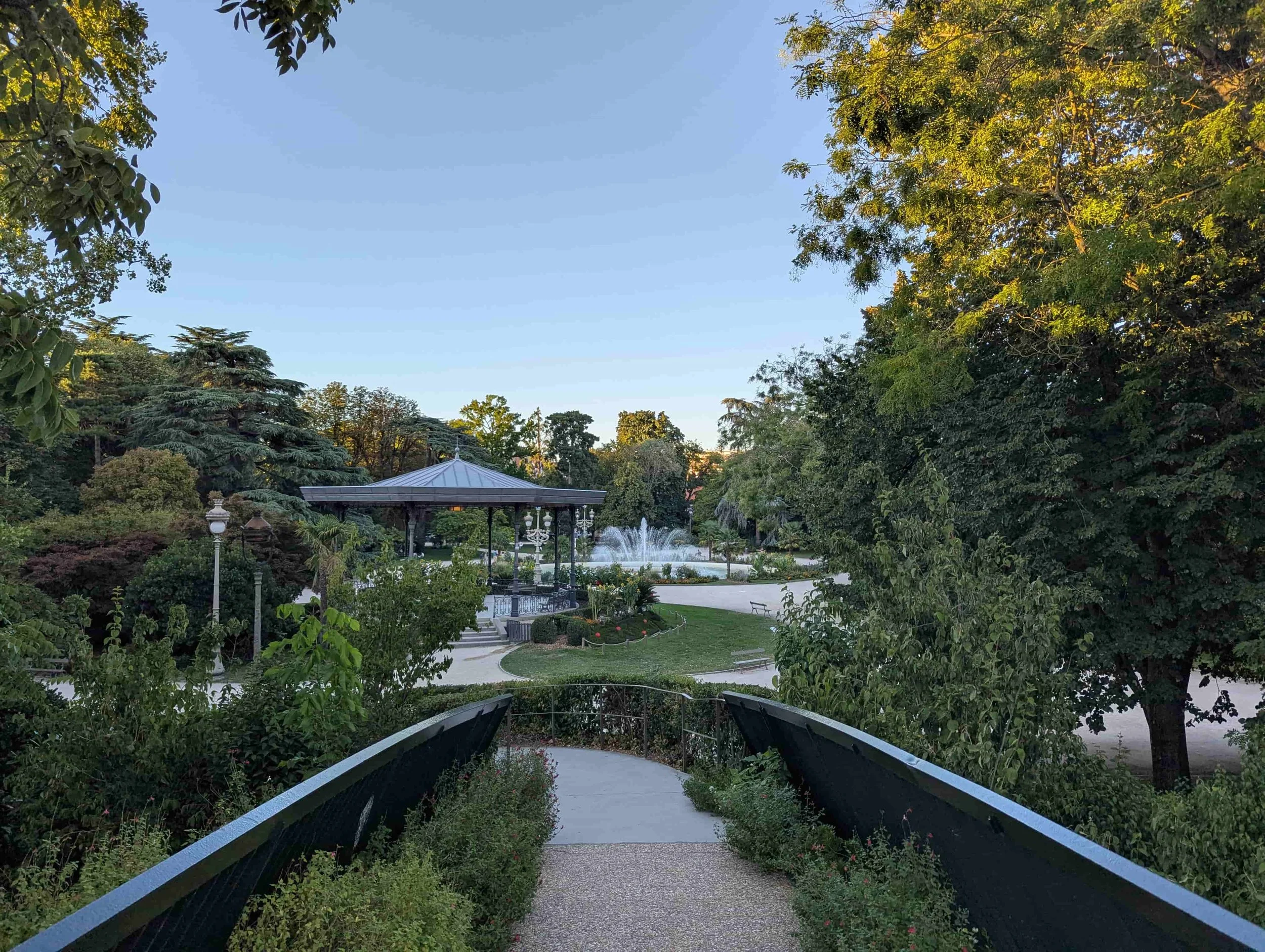 View on a park with gazebo and fountain