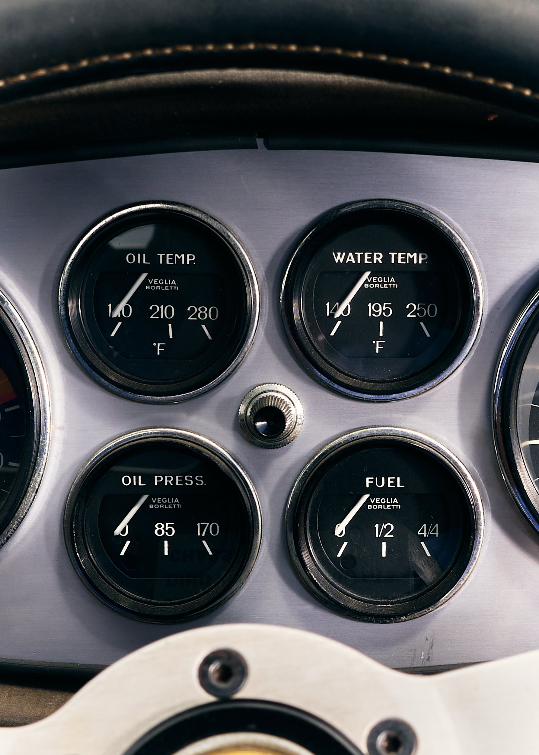 Detail shot of the dashboard of a Ferrari Dino