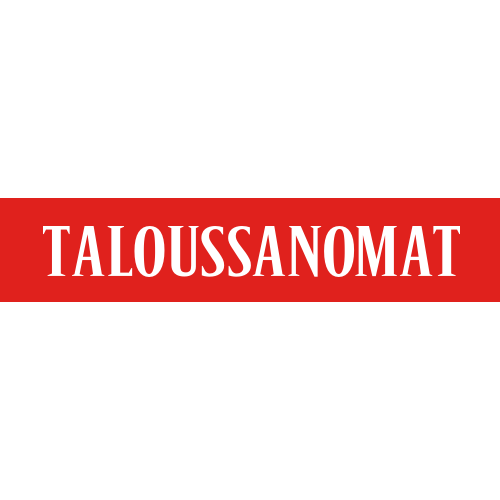 Taloussanomat-uutisivuston logo, punainen tausta ja valkoinen teksti.
