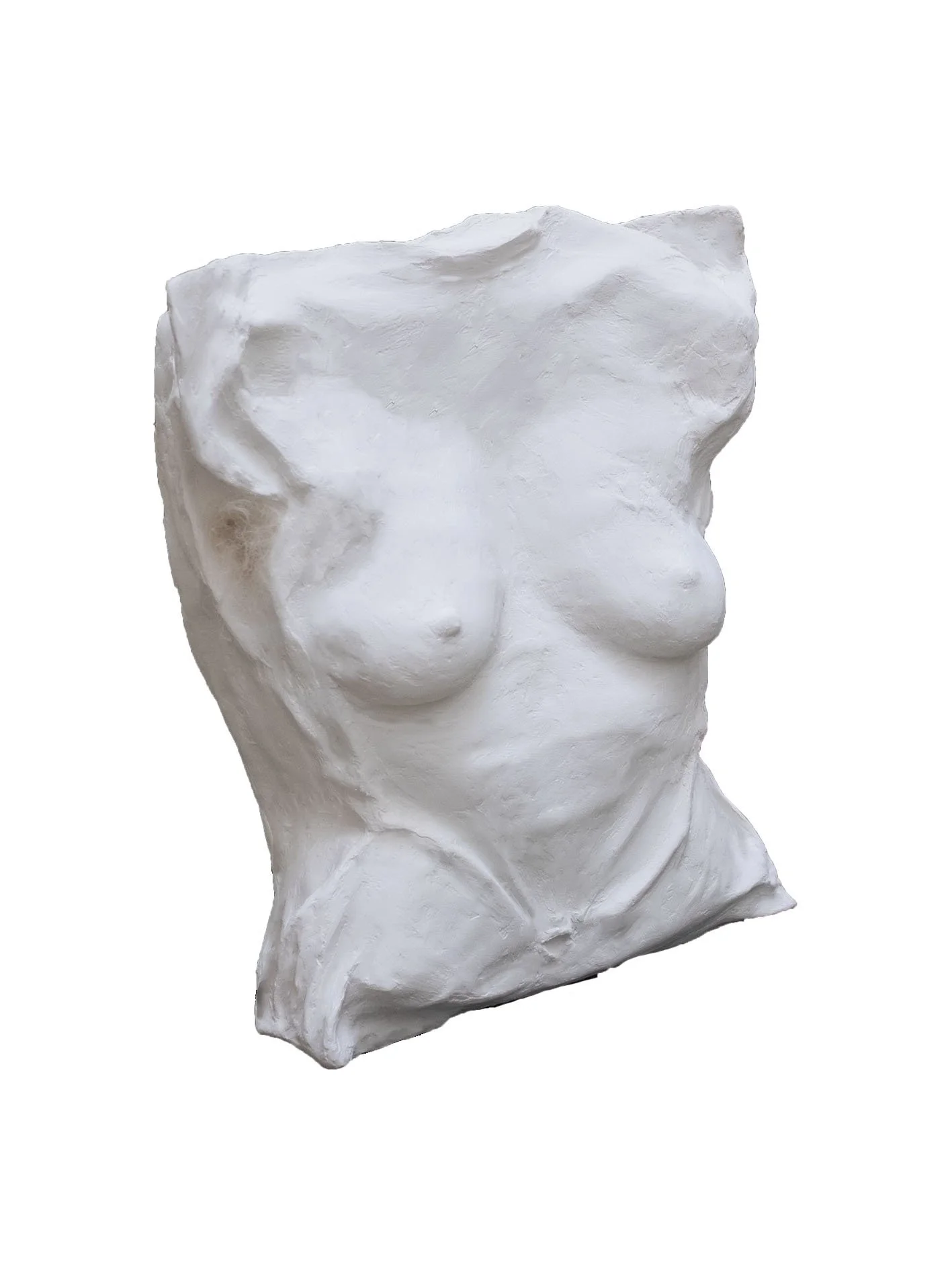 "soften, torso" 2025, plaster, cotton pillowcase, foam pillow, human hair, 50x45cm
