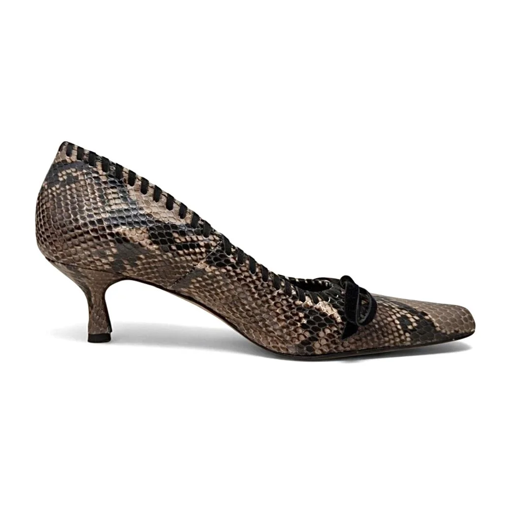 Primrose pumps in Chocolates, snake-embossed Italian cow leather, brown, 60mm flared heel, side view