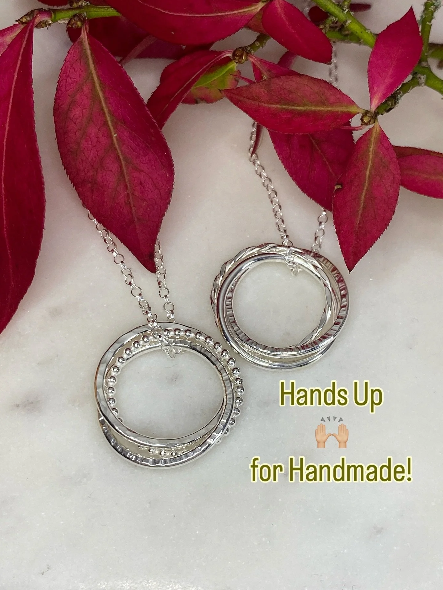 These handmade Sterling Silver necklaces are crafted with care in my little workshop at home, featuring interlocking rings with a mix of textured and smooth finishes. A contemporary yet classic design, it&rsquo;s the perfect piece to wear every day o