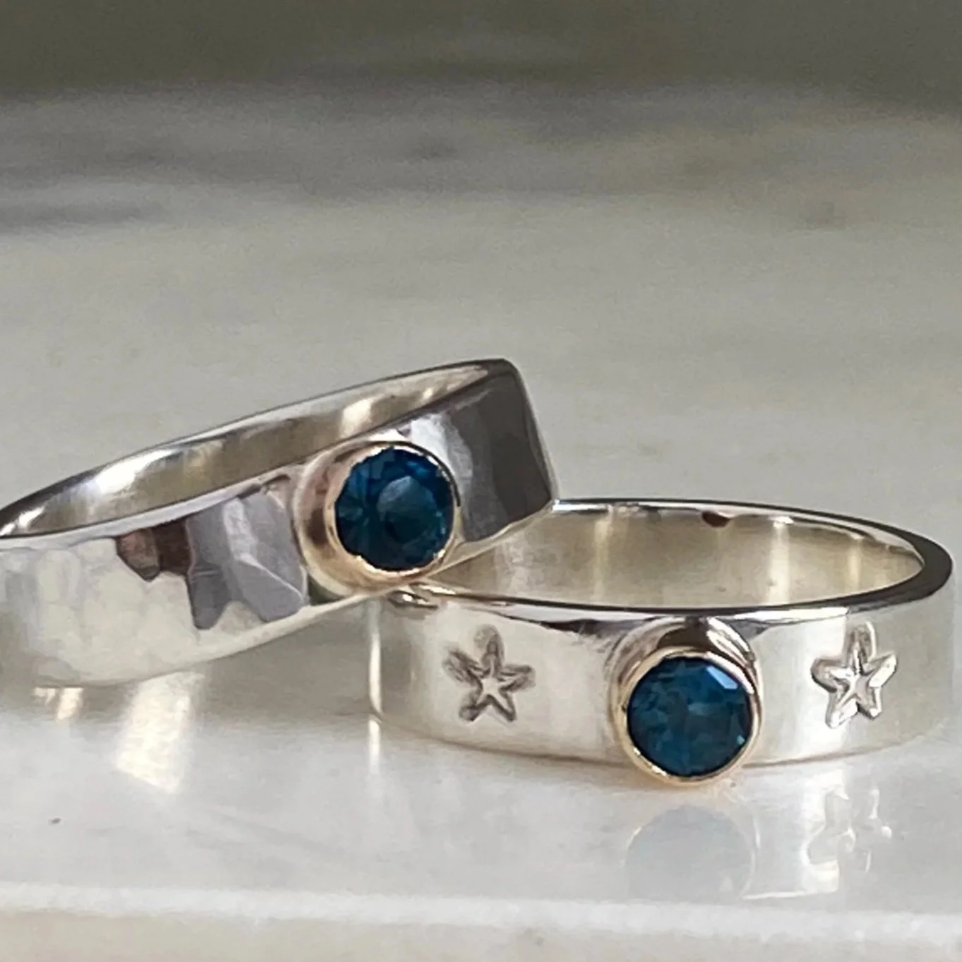 Handmade Sterling Silver, 9ct Gold and London Blue Topaz Ring. Hand crafted by Walter and Nancy Jewellery.