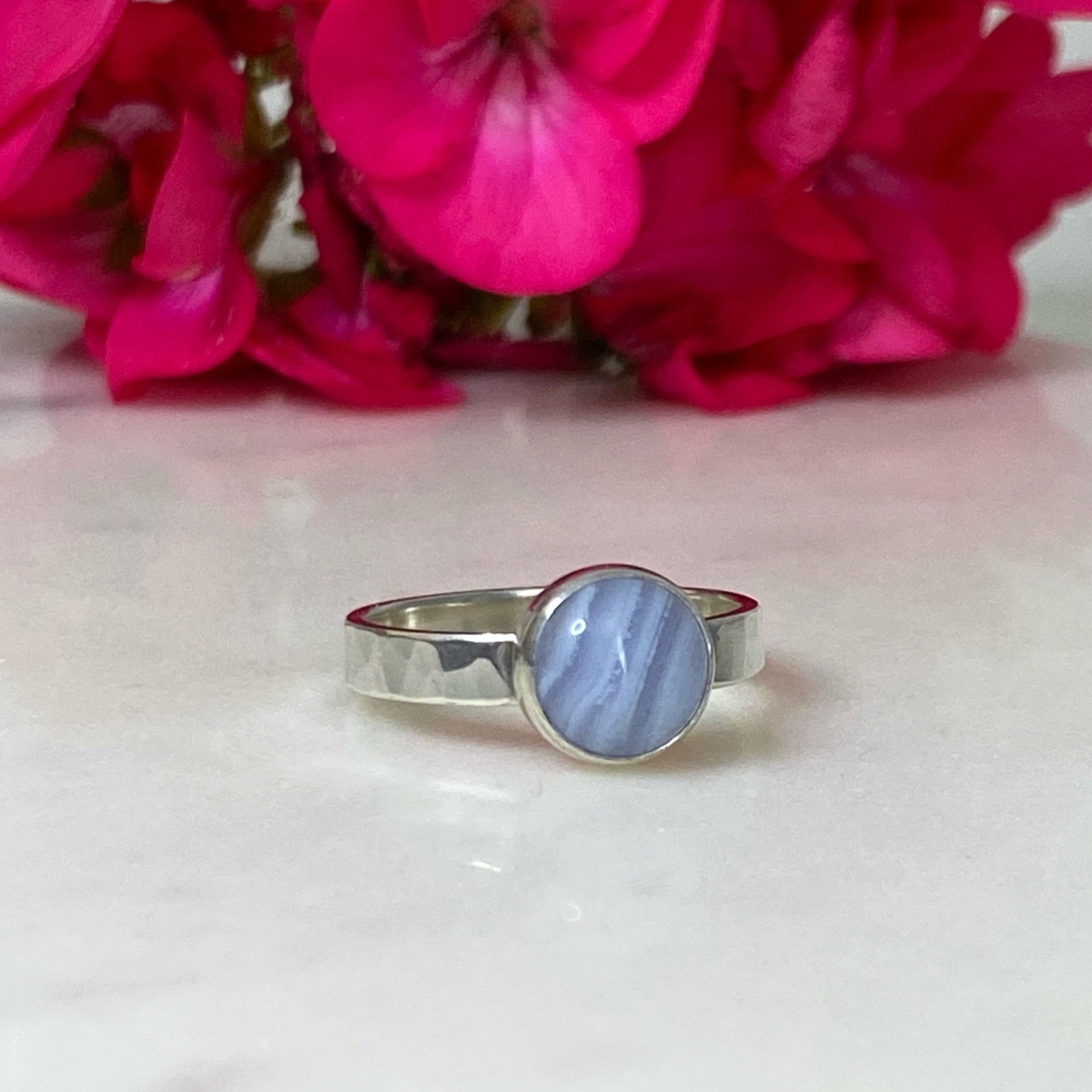 Walter and Nancy Jewellery's handmade, sterling silver and blue lace agate ring.