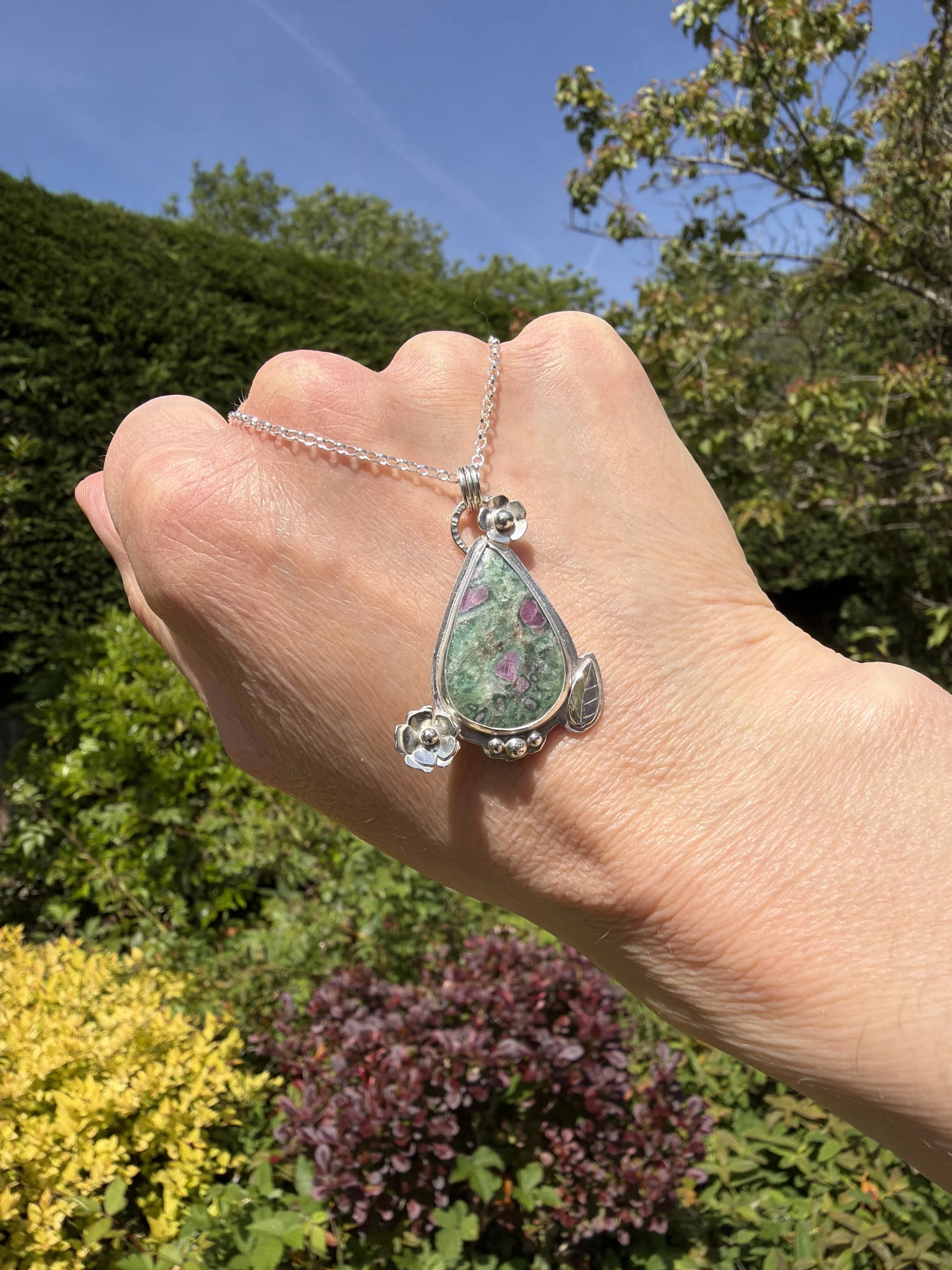 Handmade Sterling Silver and Ruby Fuchsite Pendant.