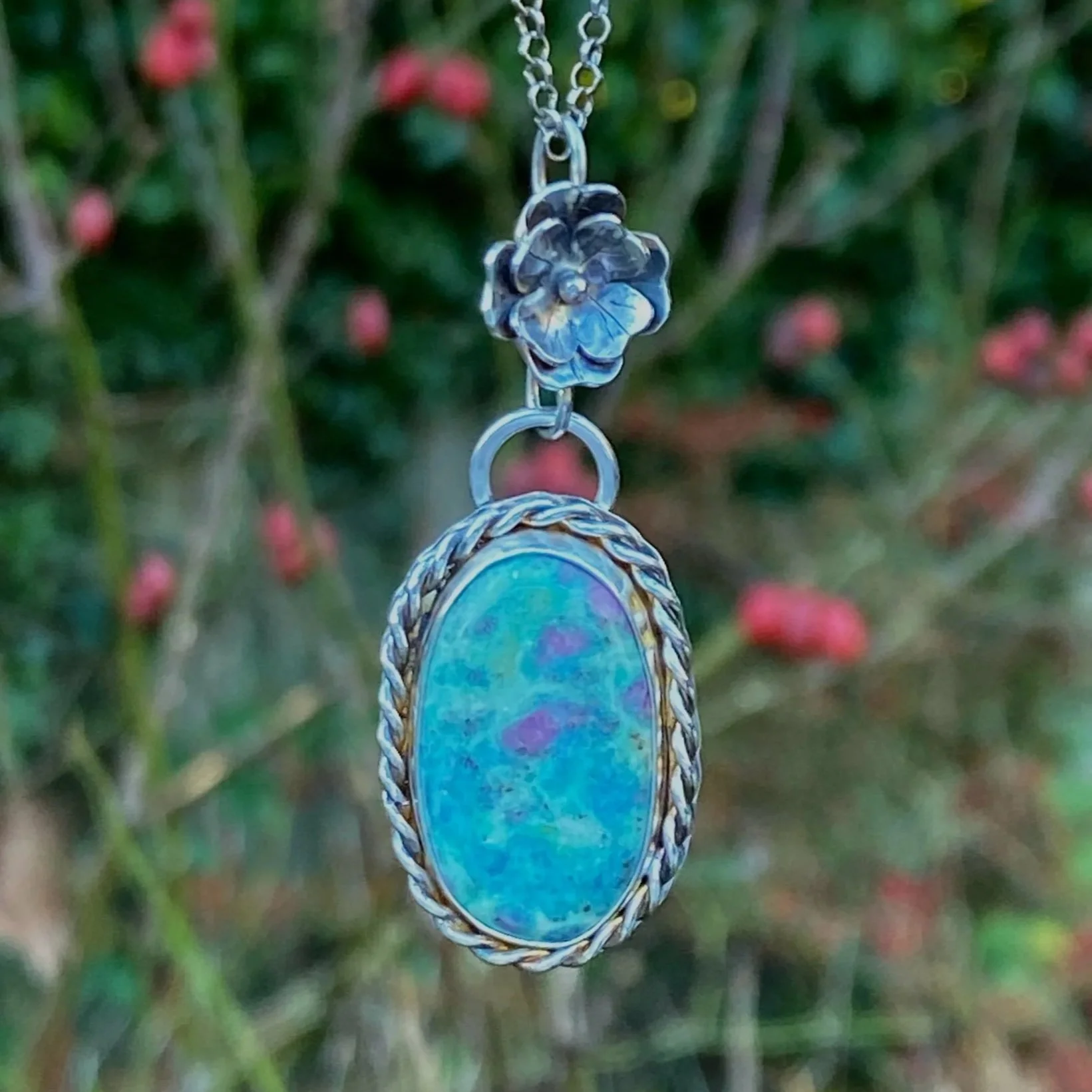 A beautiful Ruby Fuchsite stone set in a handcrafted sterling silver setting. The setting has been hallmarked in London. The piece has been designed and made by Rosie at Walter and Nancy Jewellery.