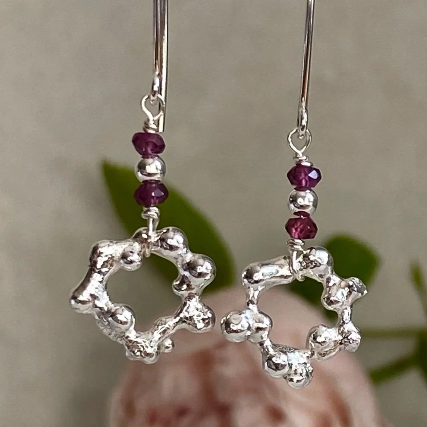 Walter and Nancy Jewellery Recycled Sterling Silver and Rhodolite Garnet Earrings.