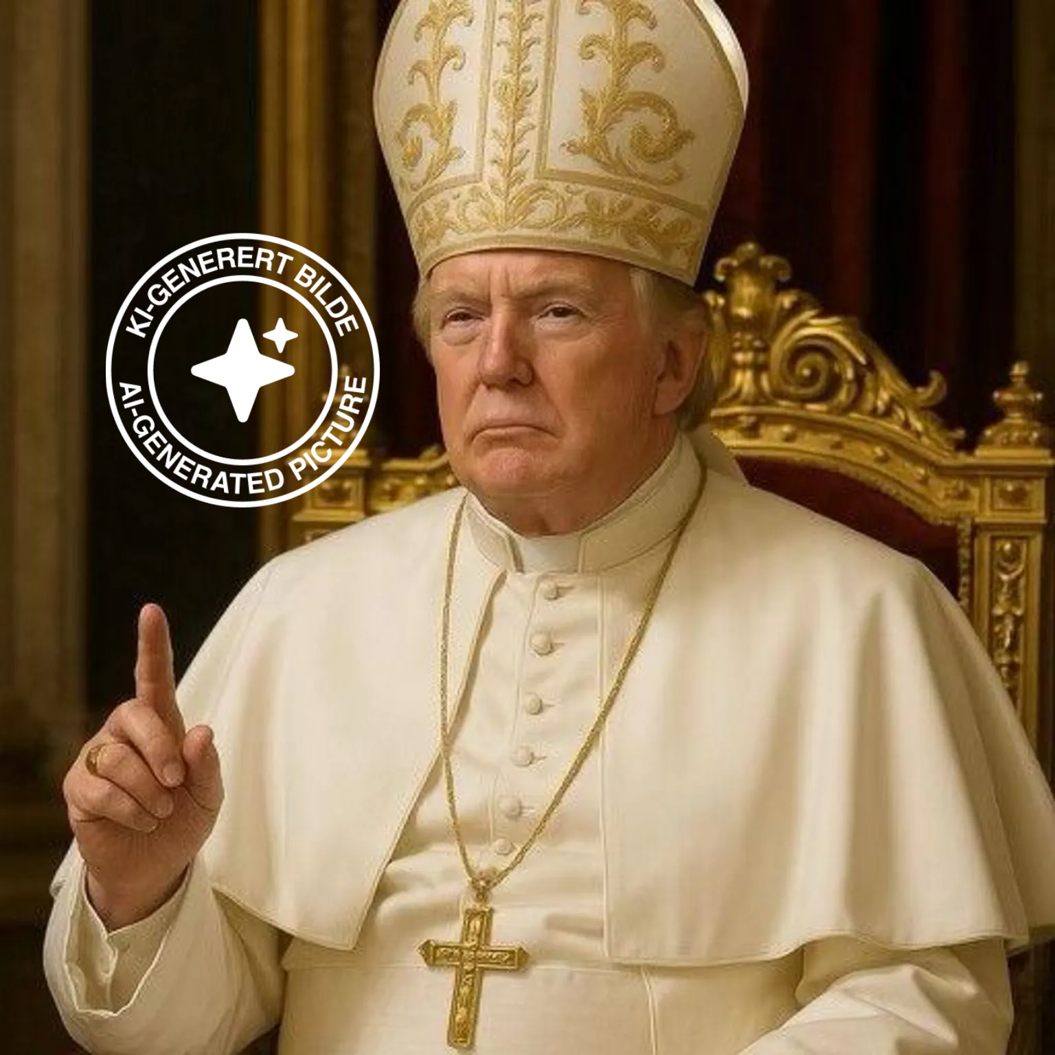 Bilde av en person som ser ut som en religiøs figur, ikledd hvit drakt og en stor, dekorativ hat, sittende på en gylden stol, med en alvorlig uttrykk. Det er en logo i venstre del av bildet som sier "KI-GENERERT BILDE AT GENERATED PICTURE".
