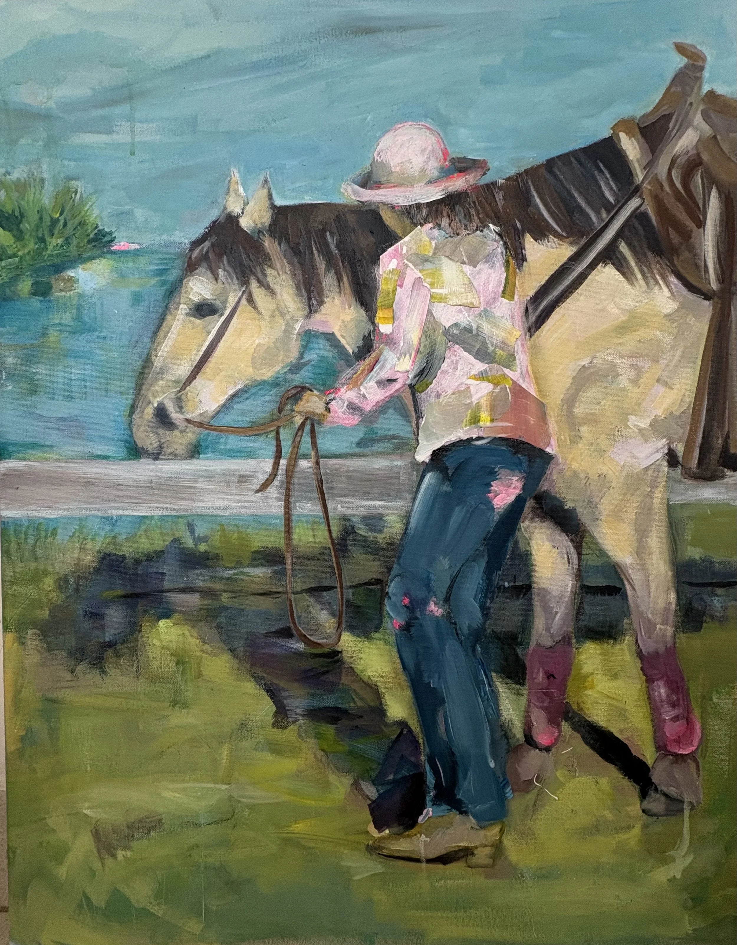 amanda-dakin-mixed-media-artist-lunch-break-on-canvas-horse-and-rider-by-the-water.jpeg