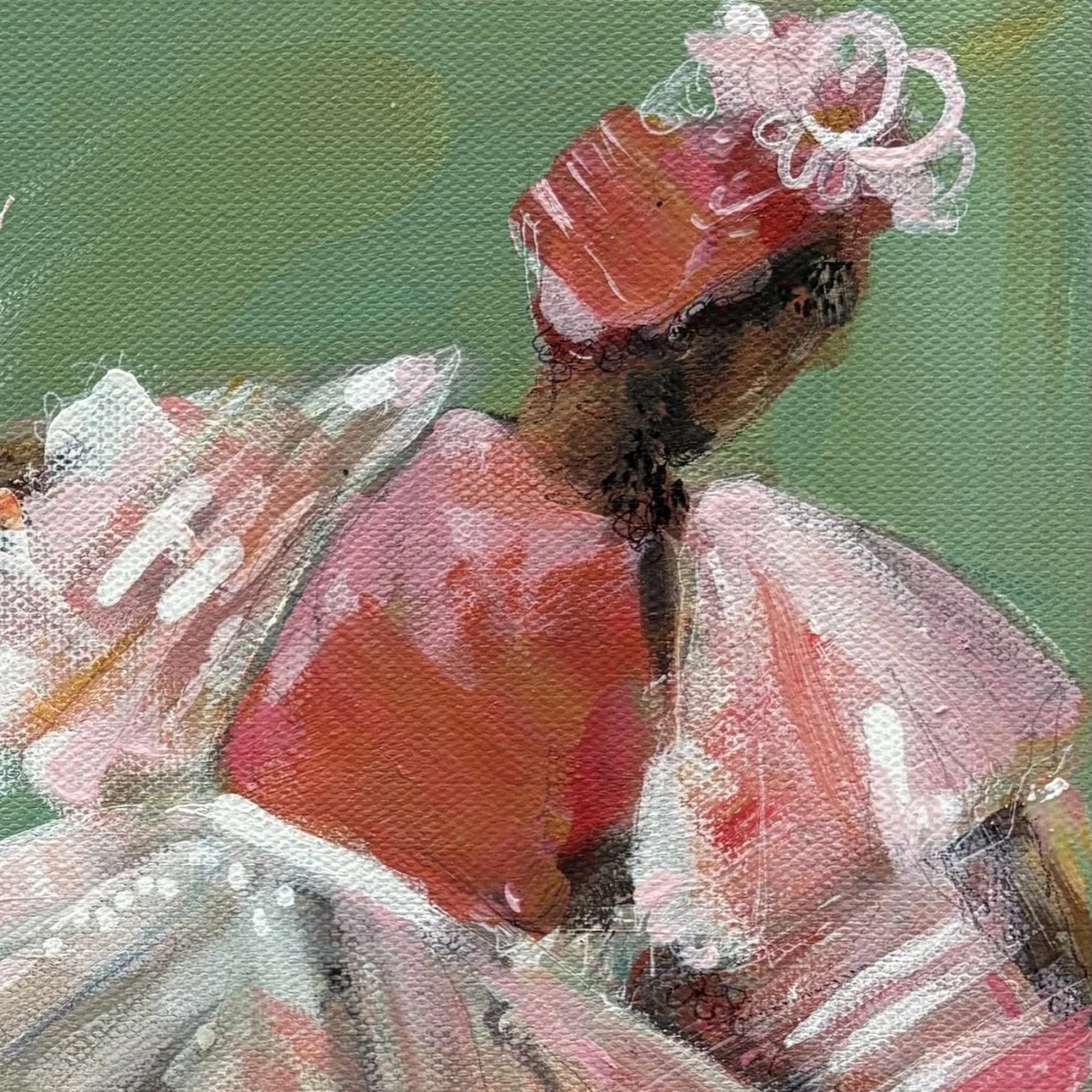 A closer look at the vibrant mixed media painting by Amanda Dakin featuring calypso dancers in motion, with bold colours, textured layers, expressive brushwork.