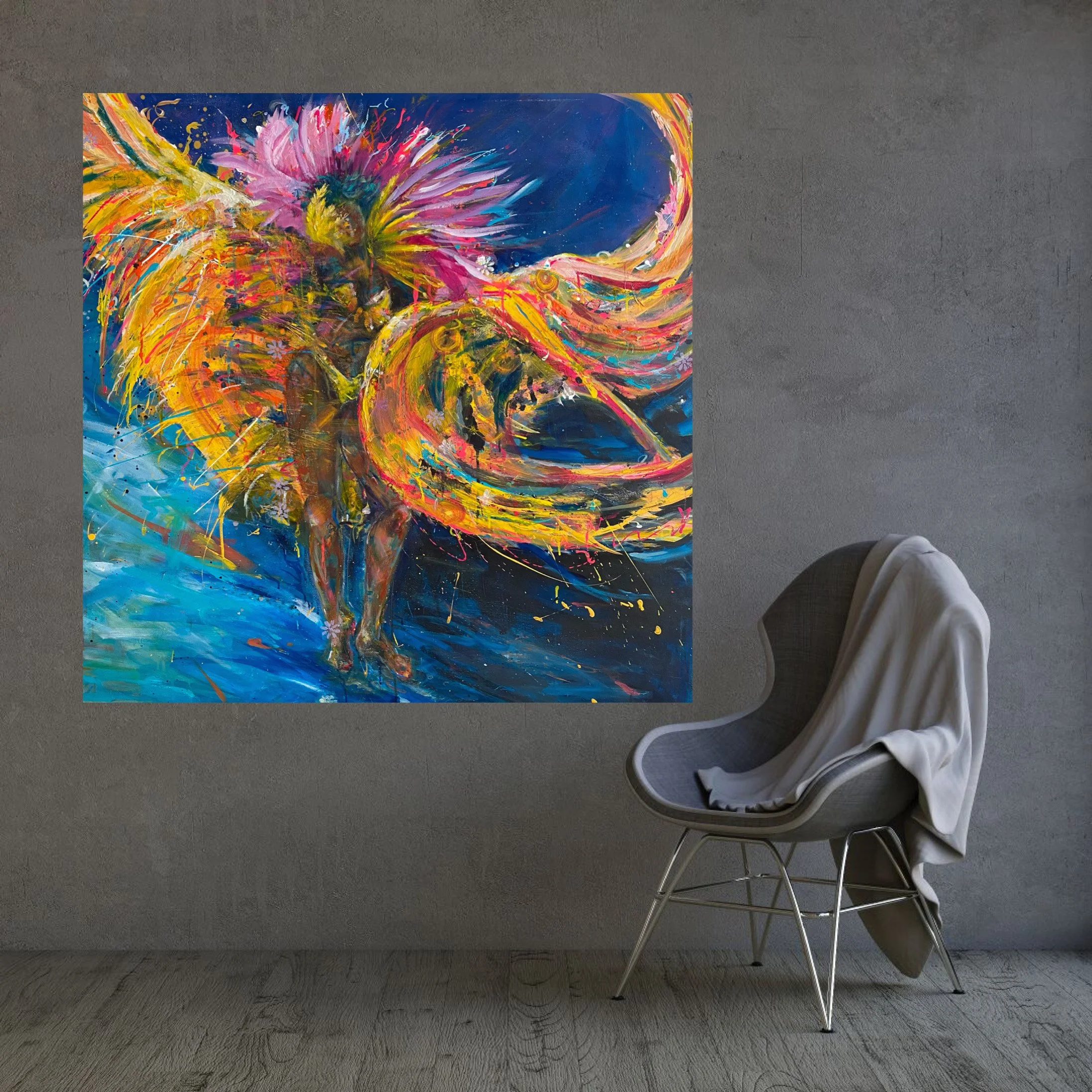 A lovely setting for Amanda Dakin’s bold mixed media art inspired by calypso dancers. Original paintings on canvas. Shipping is included. Shop now.