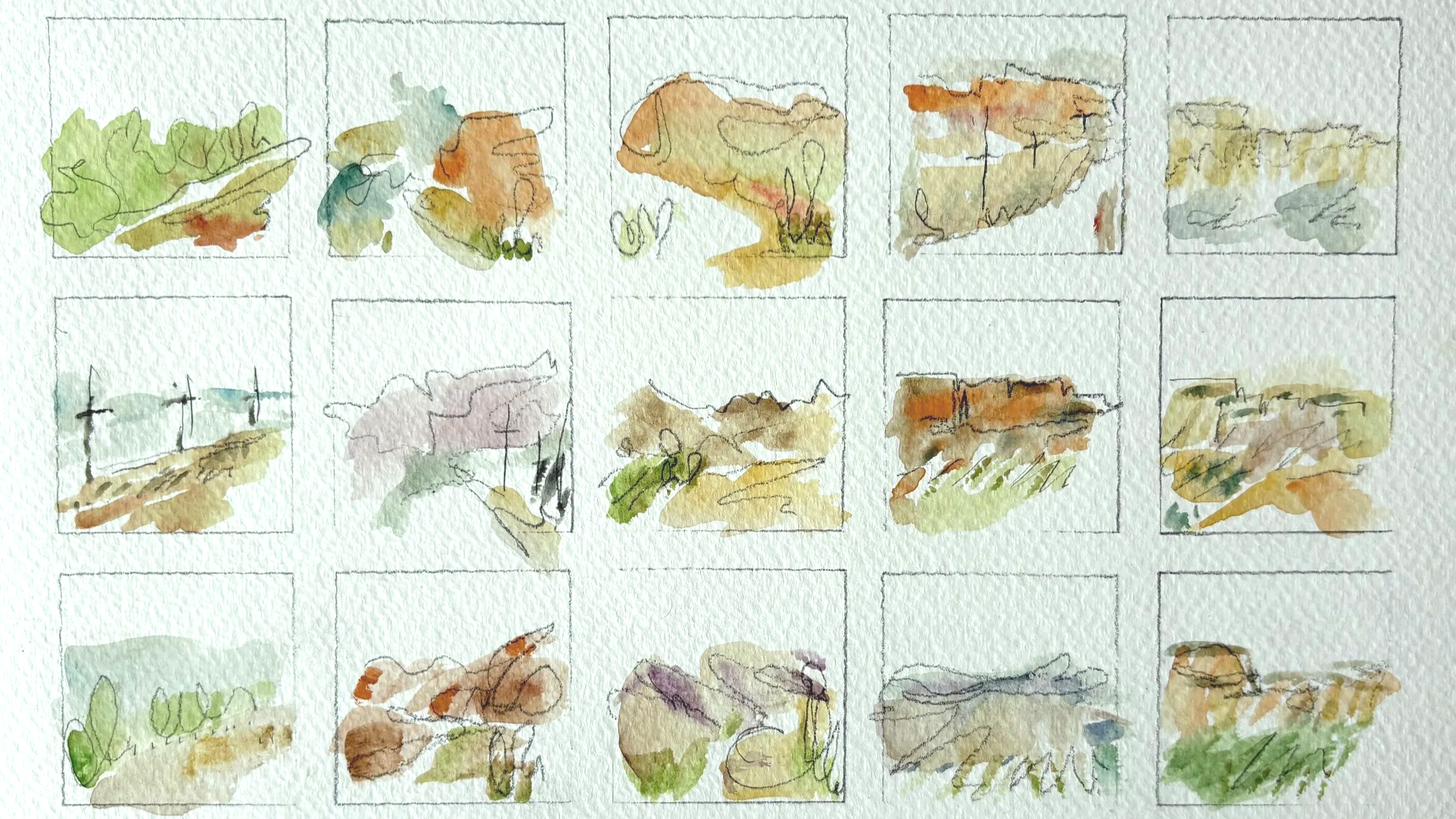 Amanda dakin watercolour sketches detail of landscapes in greens and burnt oranges mixed media pencil and pen marks  telegraph poles cliffs field