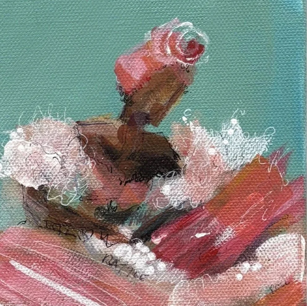 A closer look at the vibrant mixed media painting by Amanda Dakin featuring calypso dancers in motion, with bold colours, textured layers, expressive brushwork.