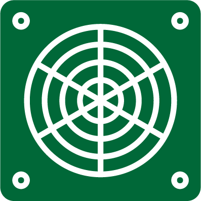 A green robotic or electronic sensor with a circular target and a series of concentric and radial lines.