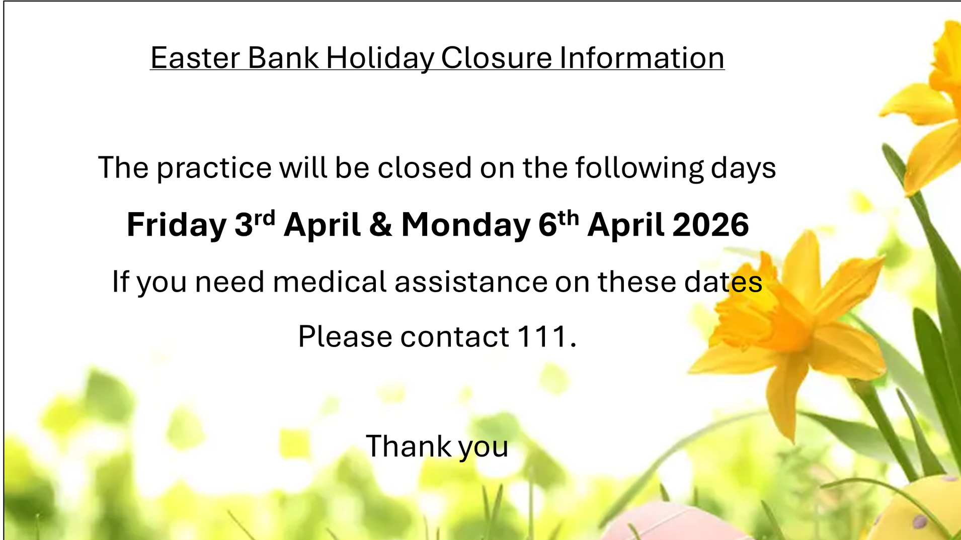 Easter Bank Holiday Closure Information 2026
