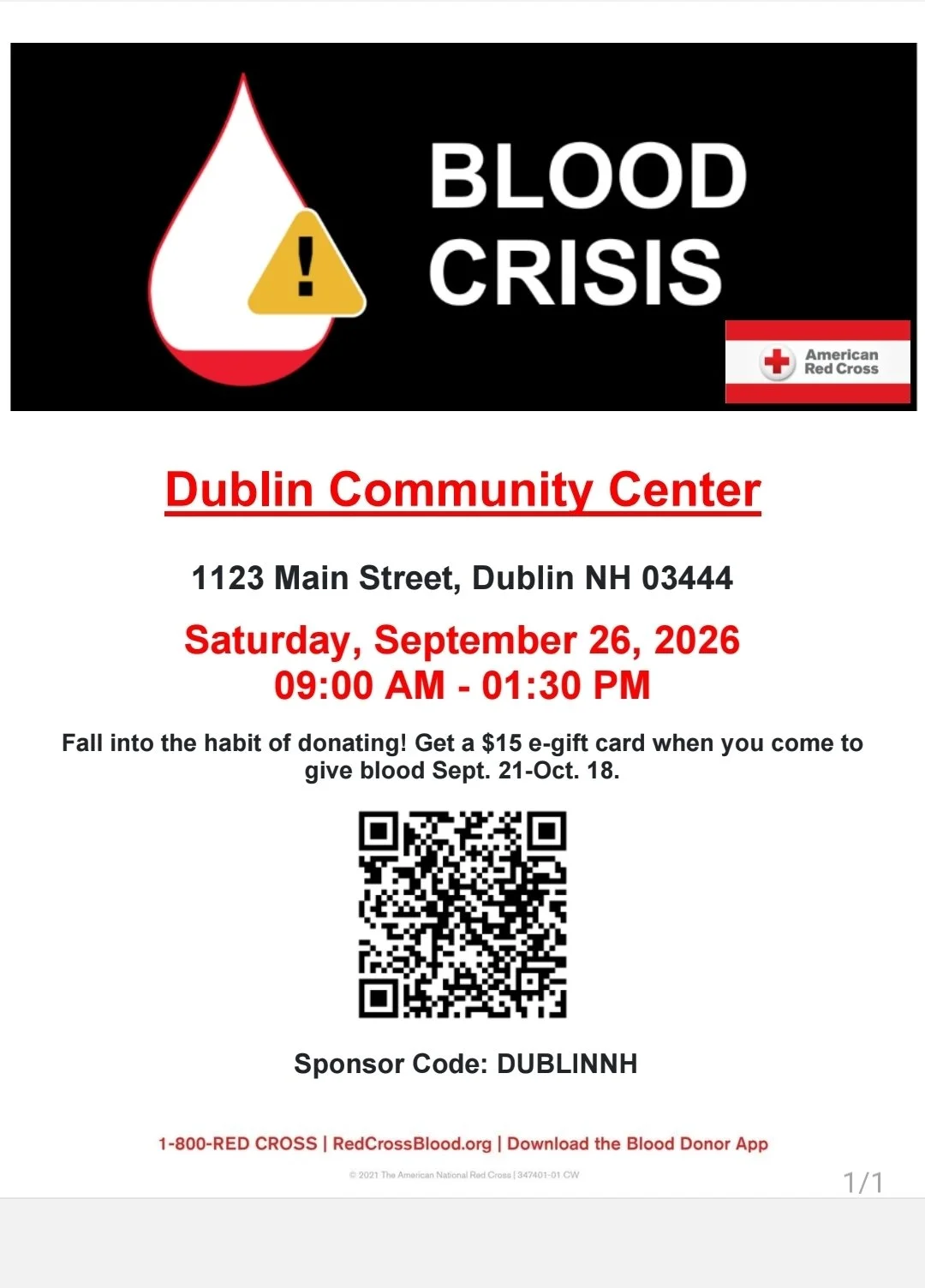 Red Cross Blood Drive, Saturday, September 26