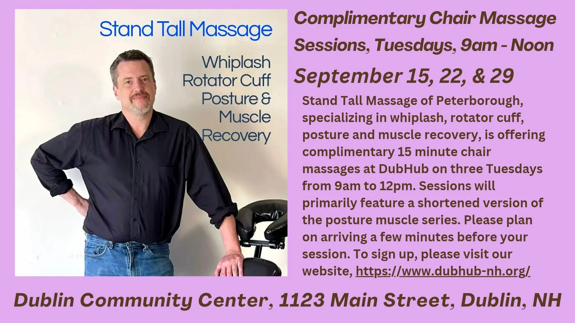 Complimentary Chair Massage Sessions, Tuesdays, September 22