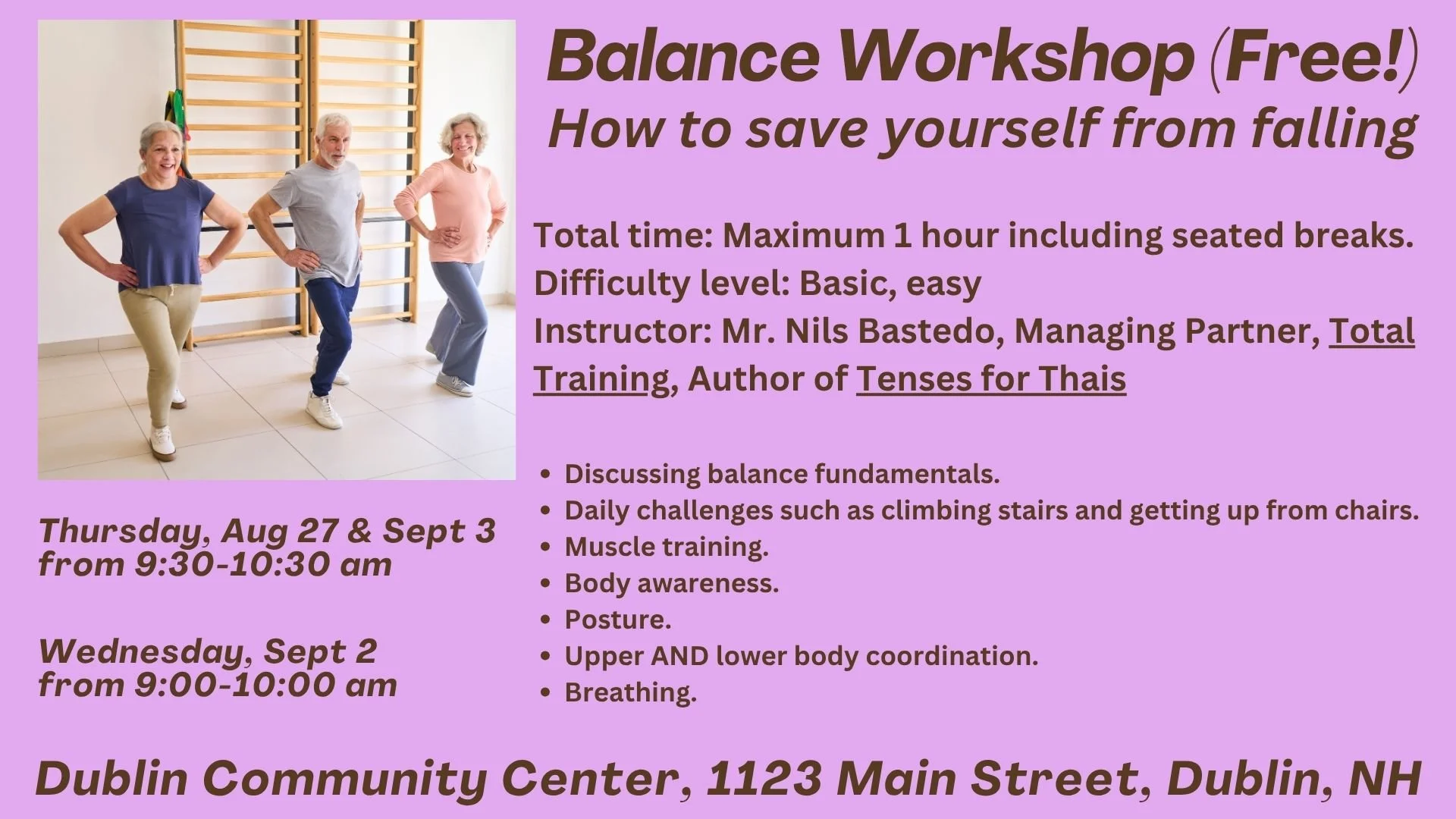 Free Workshop on Balance, Thursday, Aug. 27
