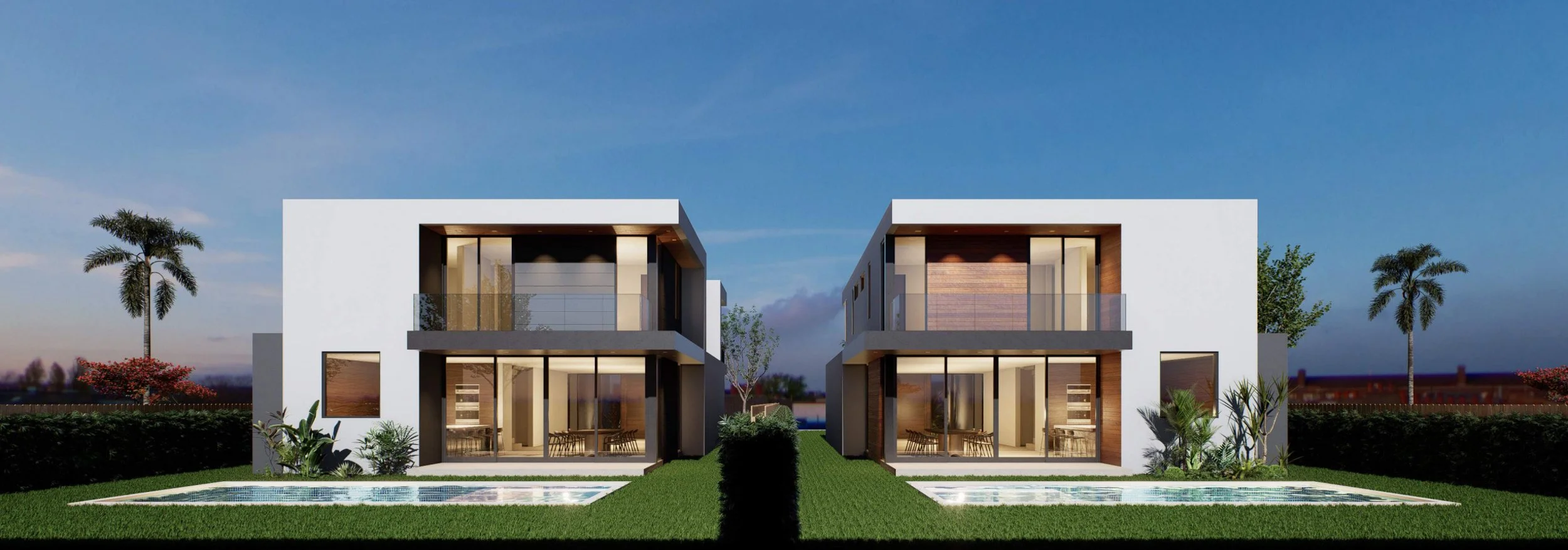 Modern two-story houses with large glass windows, situated outdoors with their own swimming pools and landscaped gardens, under a blue sky with palm trees.